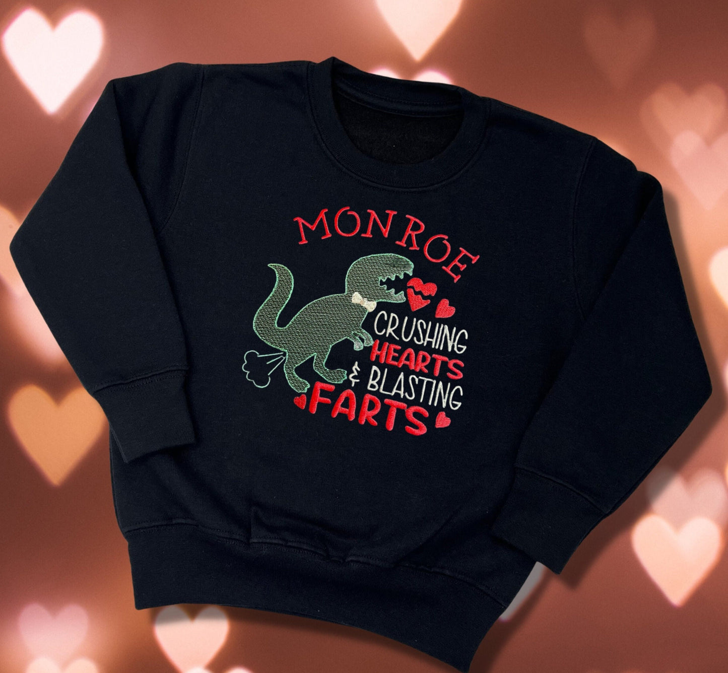 Embroidered Children's Valentine's Shirt. Cheeky Dinosaur Design Saying ''Crushing Hearts & Blasting Farts" Personalised with Child's Name.