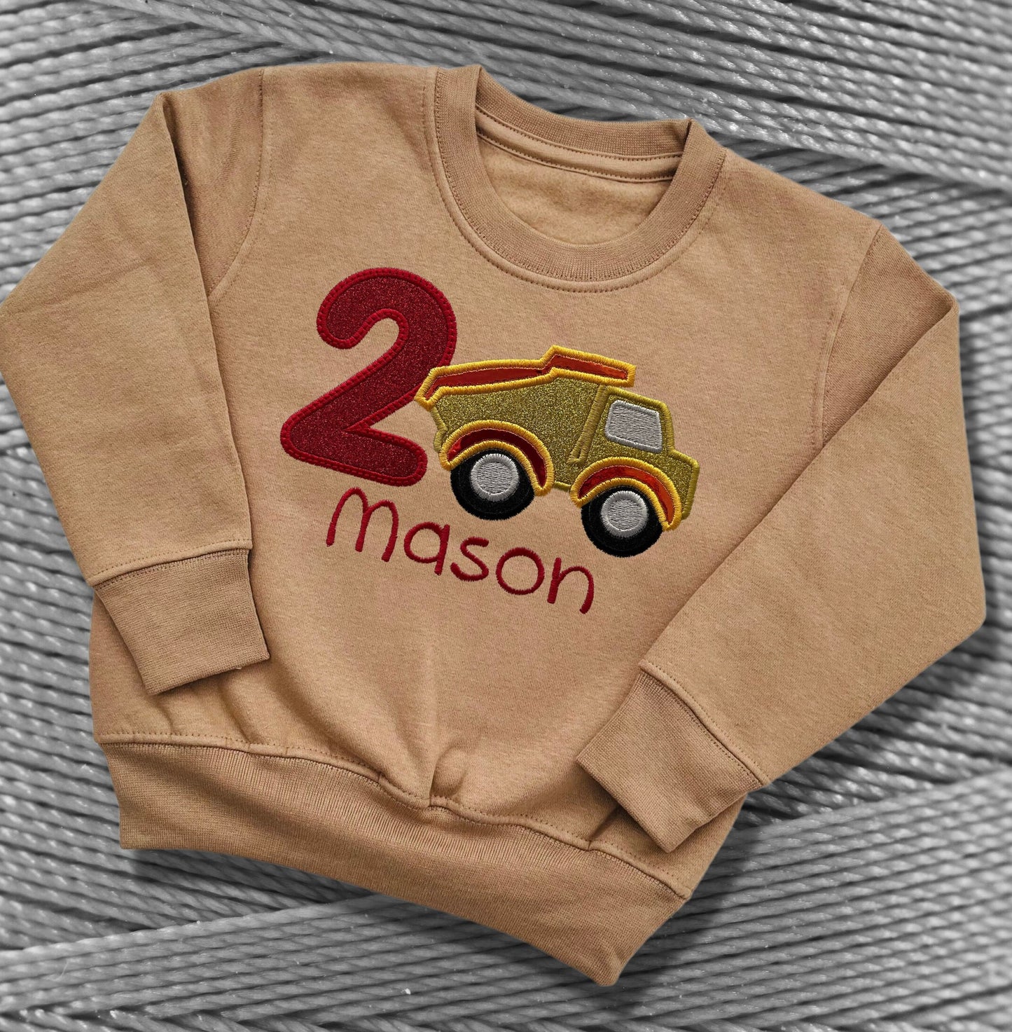 Personalised Embroidered Children's Birthday Top. Cute Applique Embroidered Construction Vehicle Personalised with Age and Name