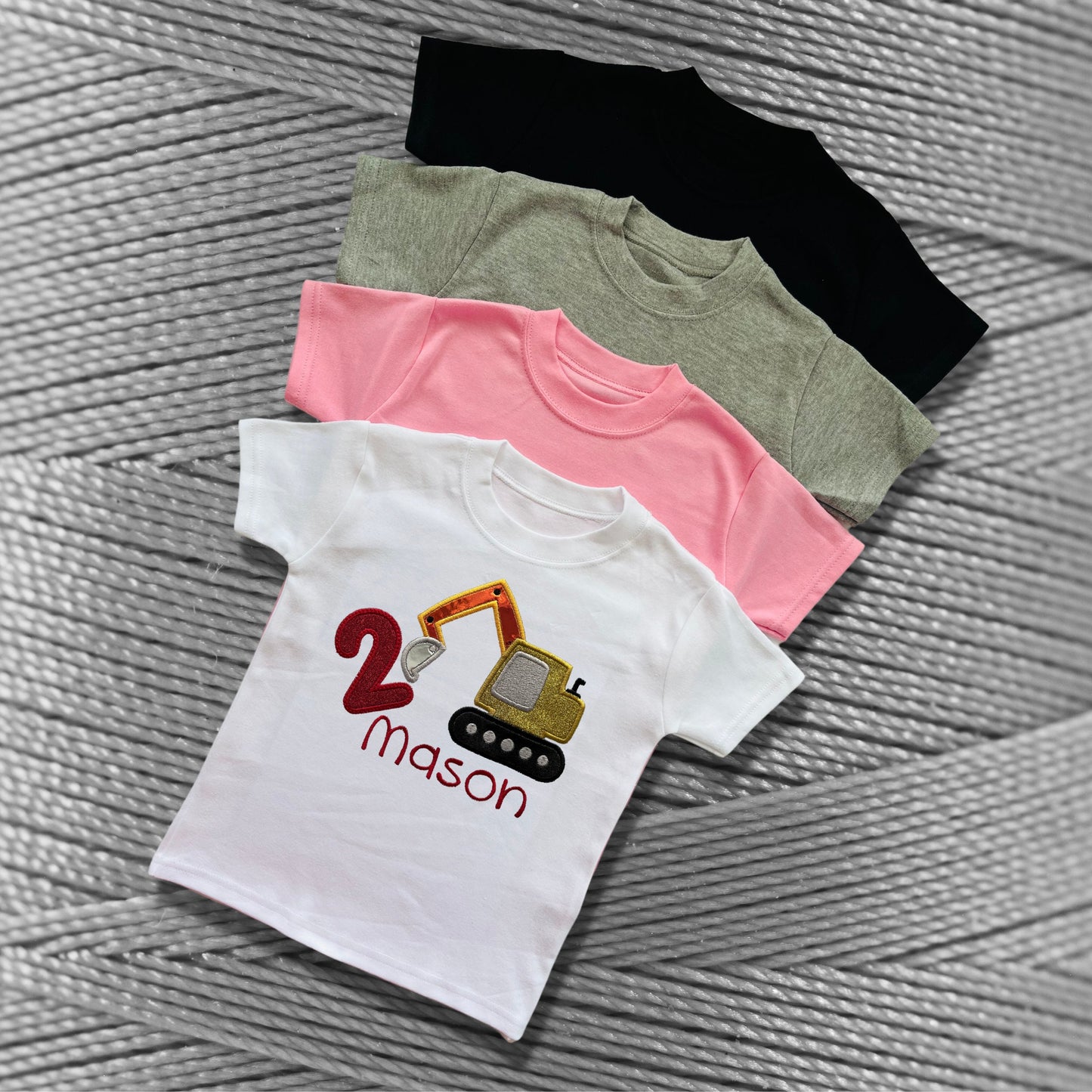 Personalised Embroidered Children's Birthday Top. Cute Applique Embroidered Construction Vehicle Personalised with Age and Name