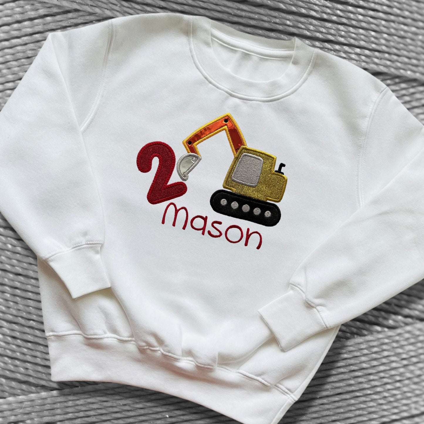 Personalised Embroidered Children's Birthday Top. Cute Applique Embroidered Construction Vehicle Personalised with Age and Name