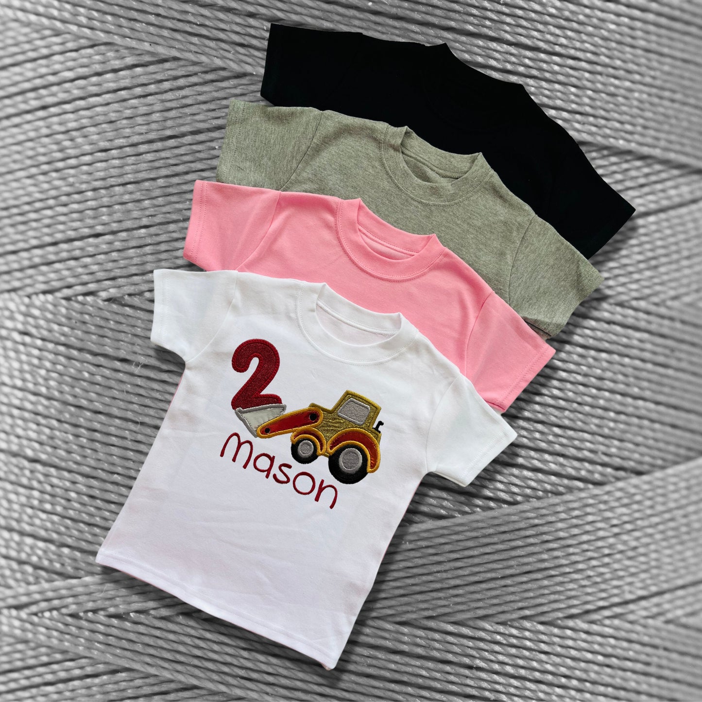 Personalised Embroidered Children's Birthday Top. Cute Applique Embroidered Construction Vehicle Personalised with Age and Name