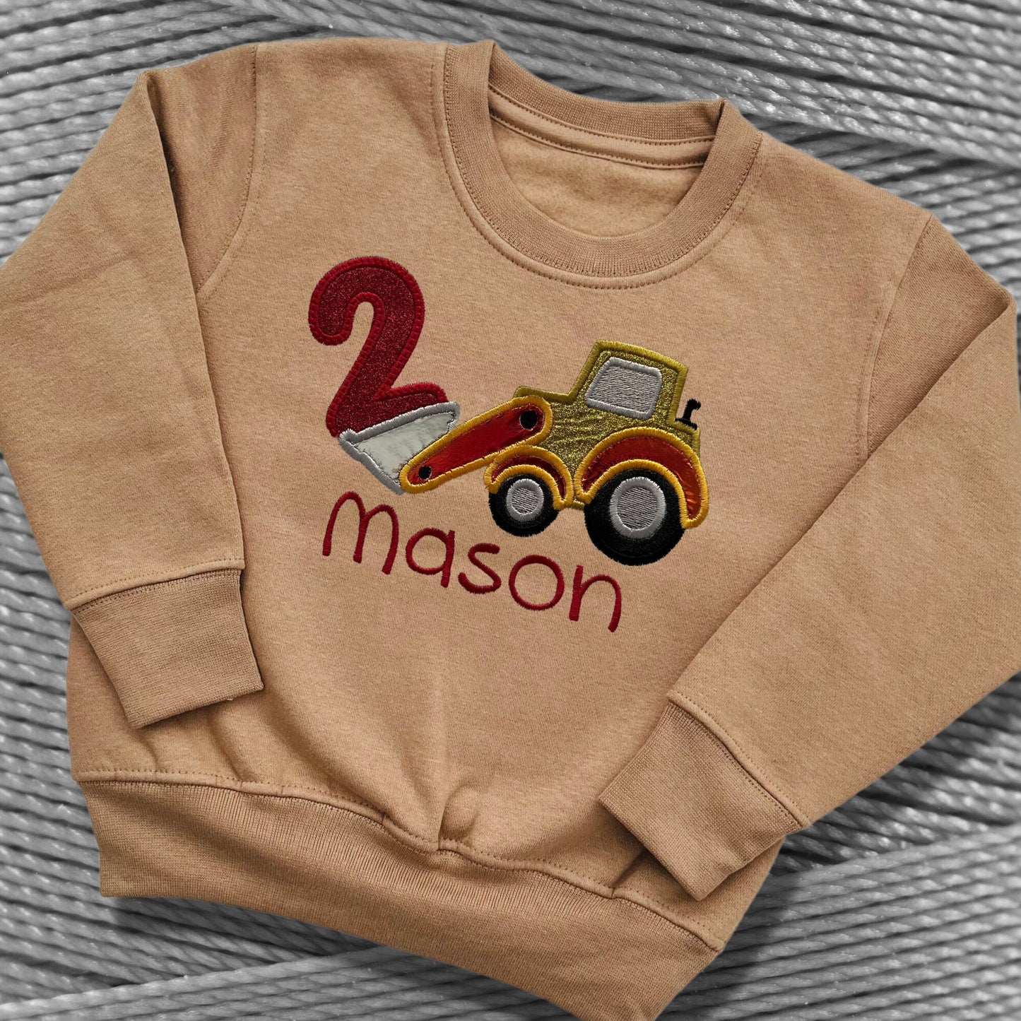 Personalised Embroidered Children's Birthday Top. Cute Applique Embroidered Construction Vehicle Personalised with Age and Name