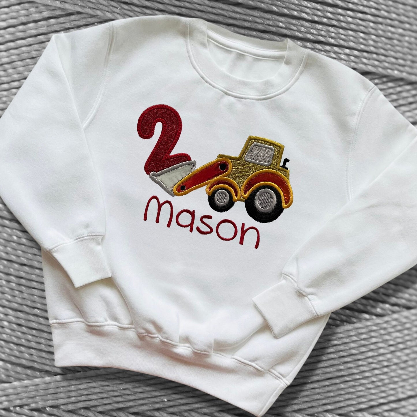 Personalised Embroidered Children's Birthday Top. Cute Applique Embroidered Construction Vehicle Personalised with Age and Name