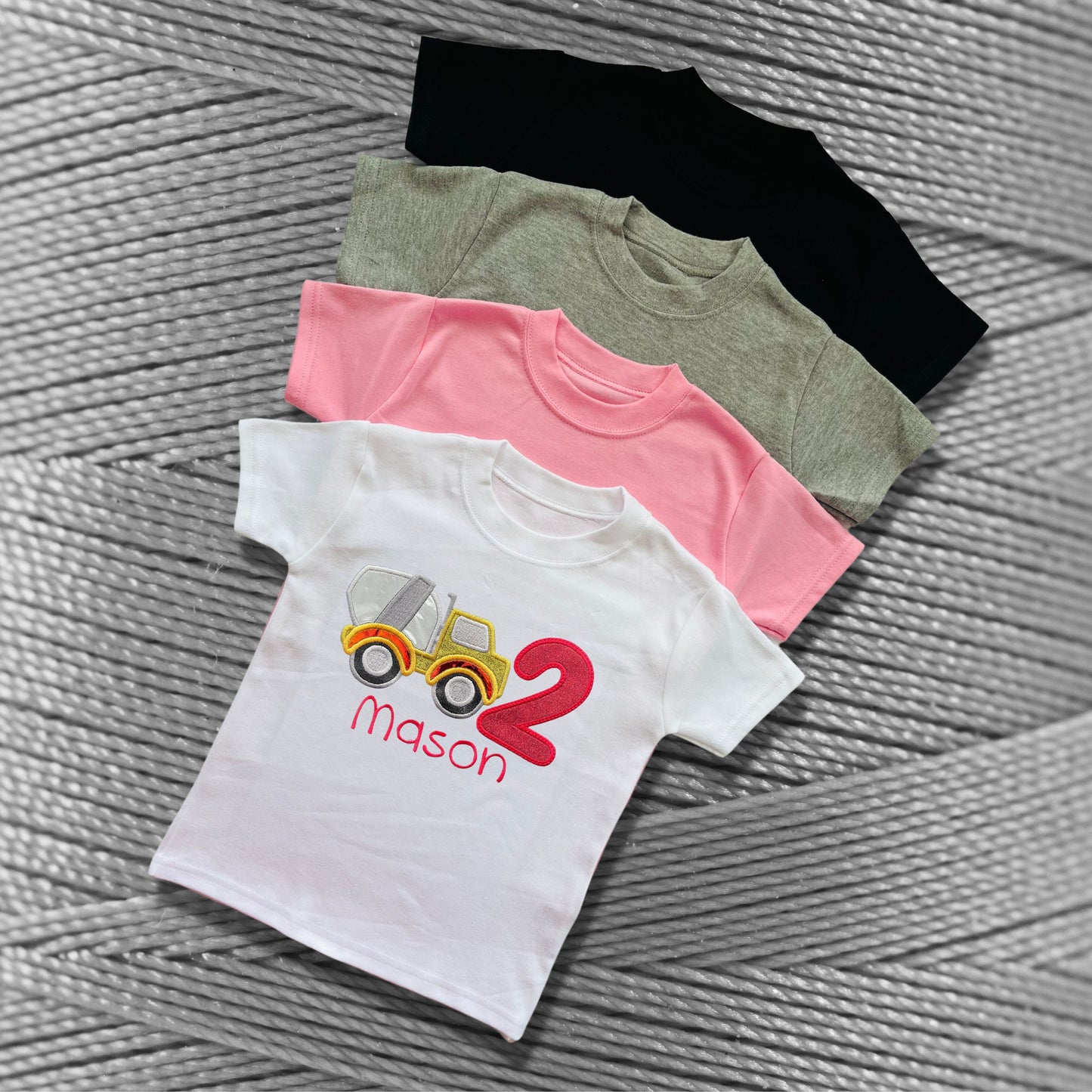 Personalised Embroidered Children's Birthday Top. Cute Applique Embroidered Construction Vehicle Personalised with Age and Name