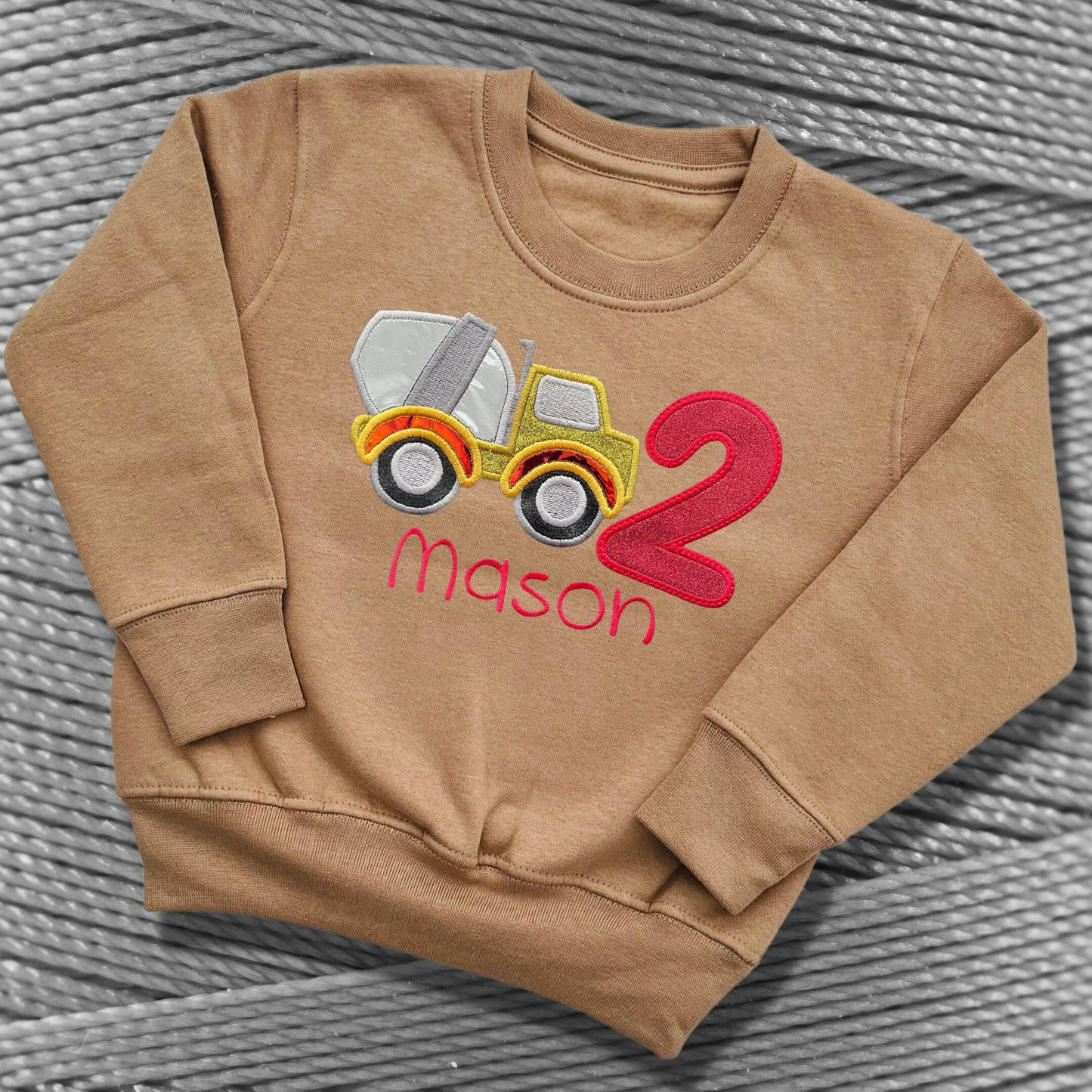 Personalised Embroidered Children's Birthday Top. Cute Applique Embroidered Construction Vehicle Personalised with Age and Name