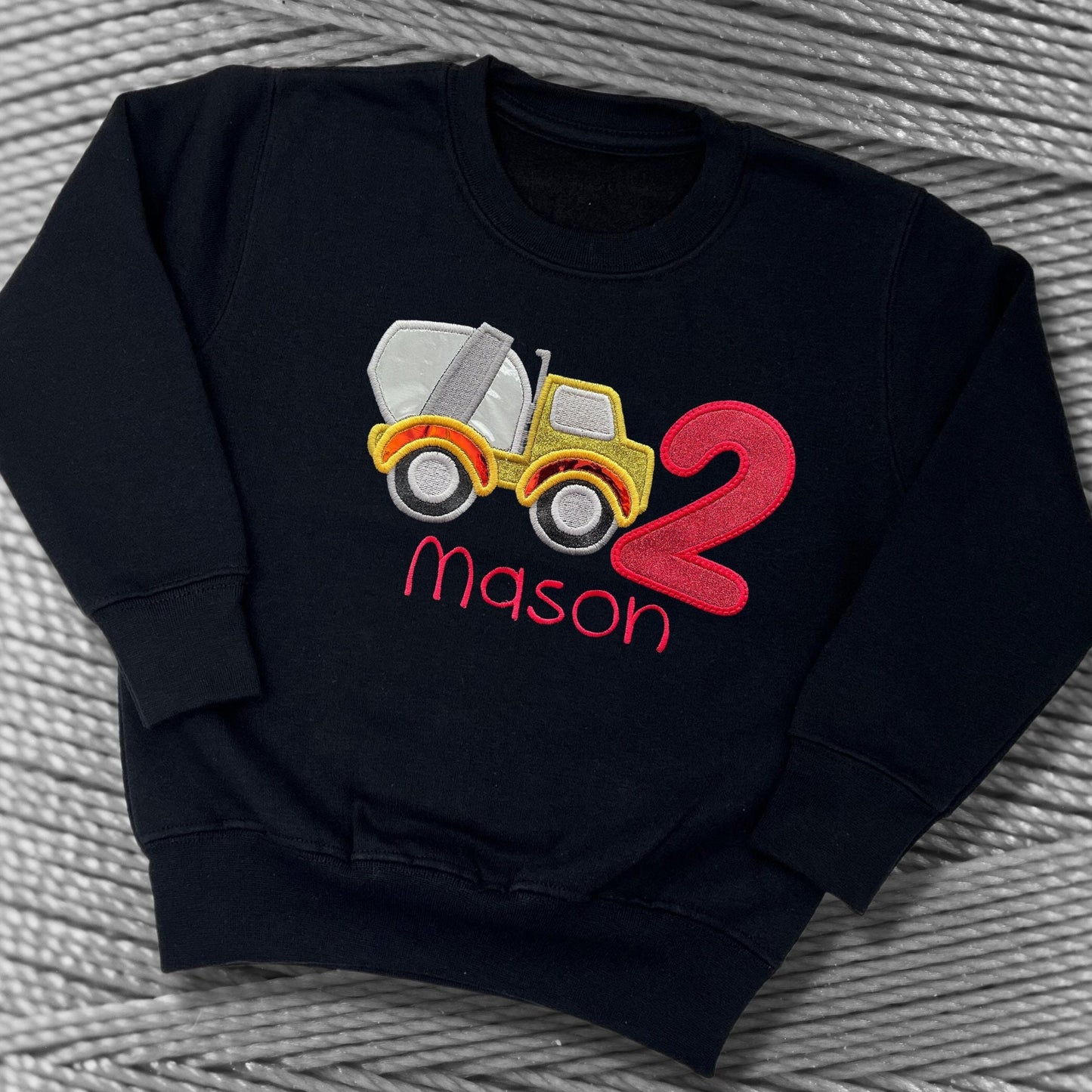 Personalised Embroidered Children's Birthday Top. Cute Applique Embroidered Construction Vehicle Personalised with Age and Name