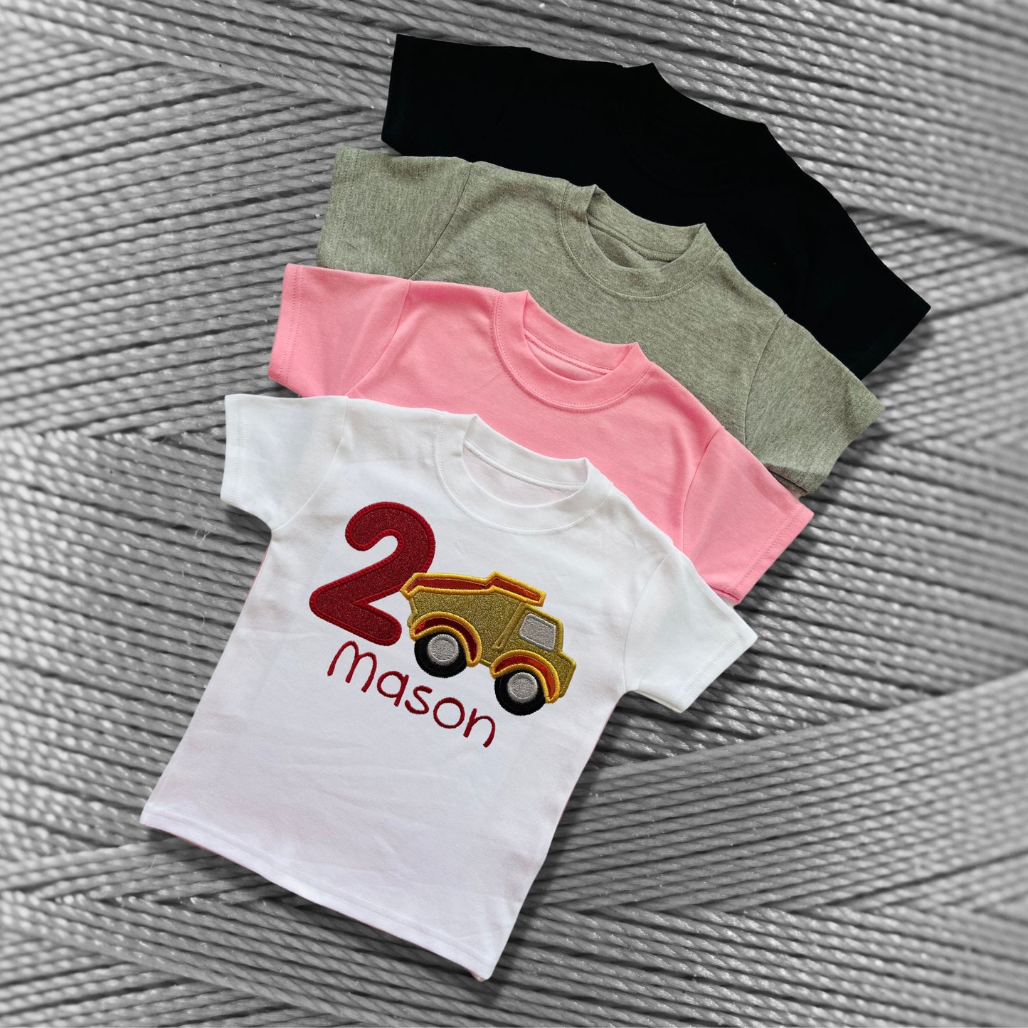 Personalised Embroidered Children's Birthday Top. Cute Applique Embroidered Construction Vehicle Personalised with Age and Name