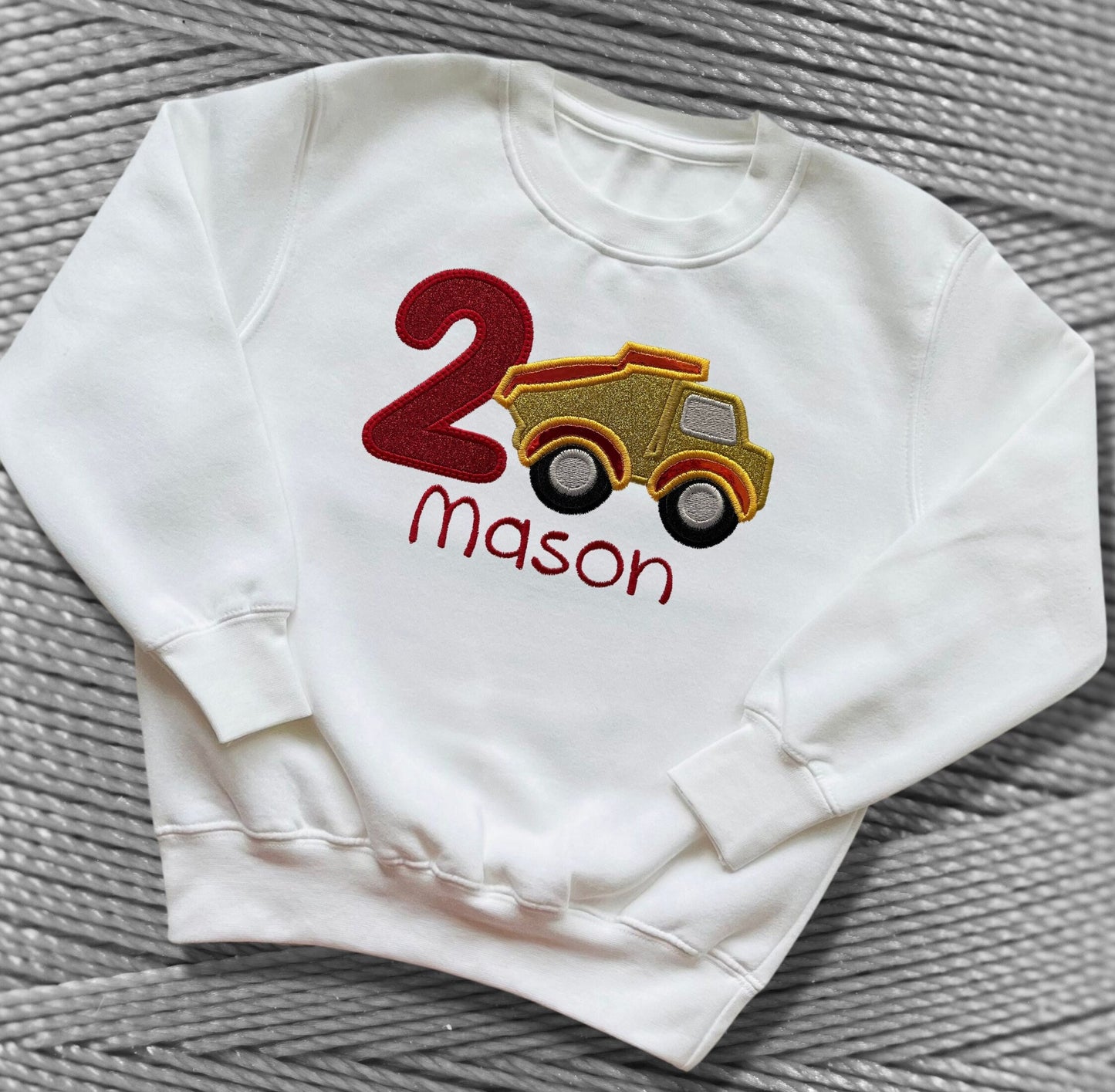 Personalised Embroidered Children's Birthday Top. Cute Applique Embroidered Construction Vehicle Personalised with Age and Name
