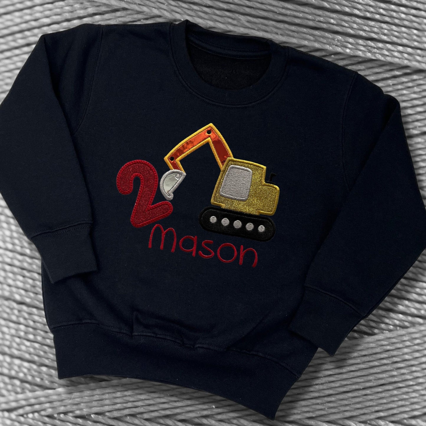 Personalised Embroidered Children's Birthday Top. Cute Applique Embroidered Construction Vehicle Personalised with Age and Name