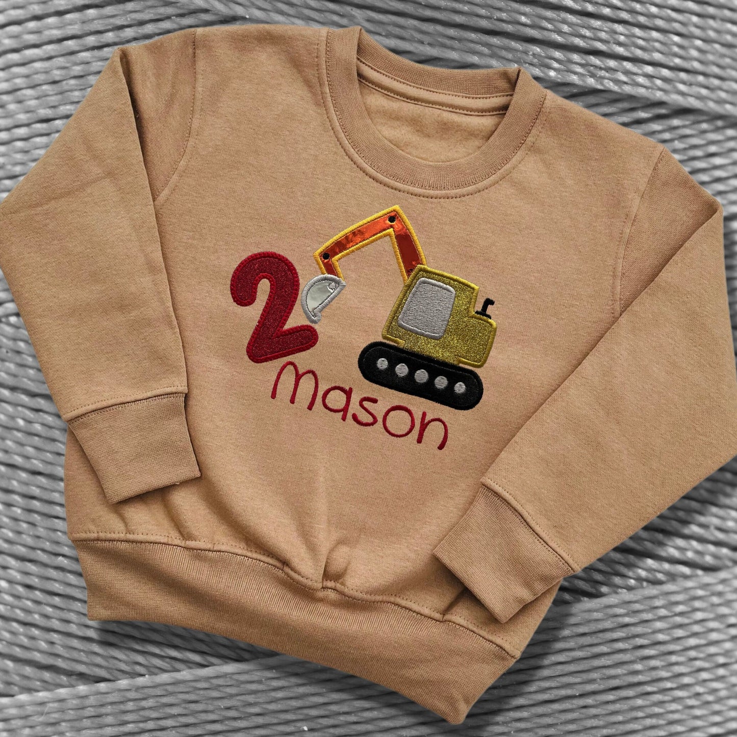 Personalised Embroidered Children's Birthday Top. Cute Applique Embroidered Construction Vehicle Personalised with Age and Name