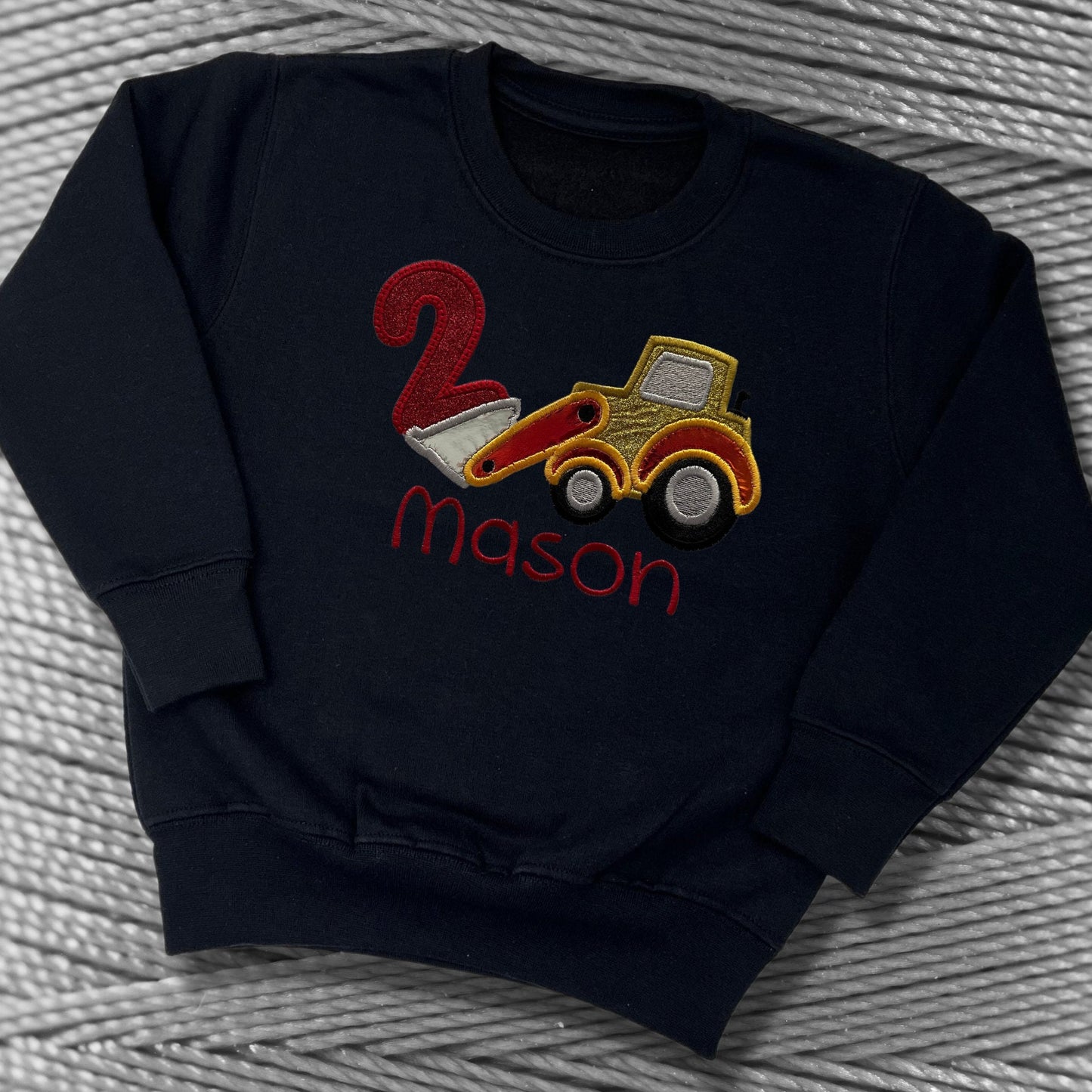 Personalised Embroidered Children's Birthday Top. Cute Applique Embroidered Construction Vehicle Personalised with Age and Name