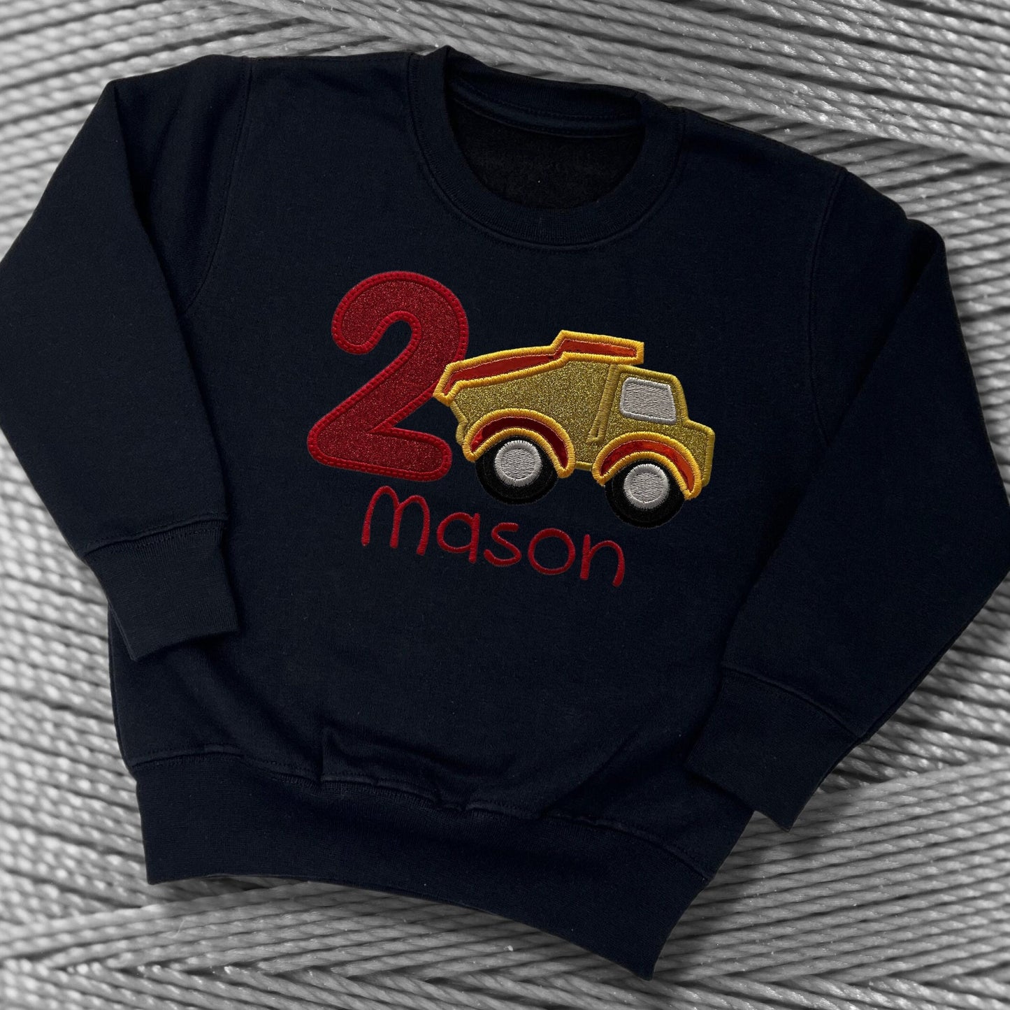 Personalised Embroidered Children's Birthday Top. Cute Applique Embroidered Construction Vehicle Personalised with Age and Name