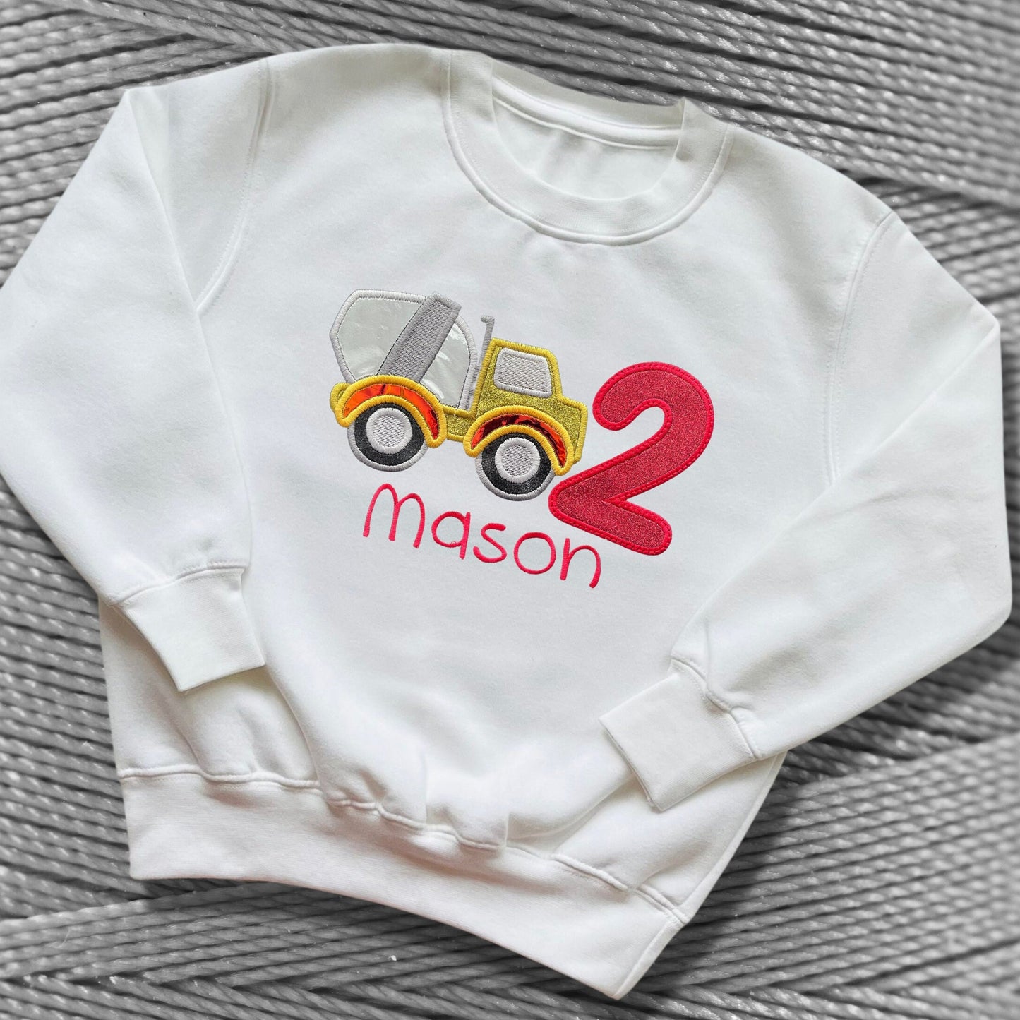 Personalised Embroidered Children's Birthday Top. Cute Applique Embroidered Construction Vehicle Personalised with Age and Name