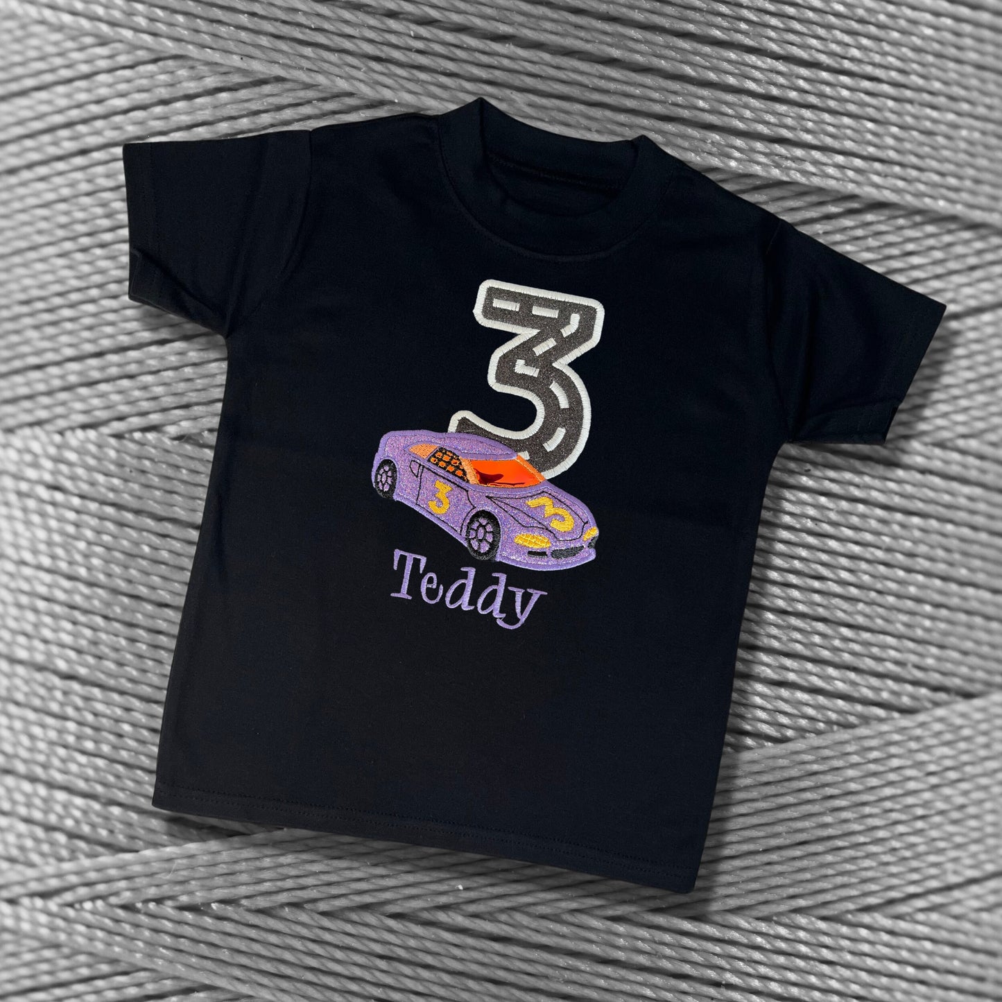 Personalised Embroidered Children's Birthday Top. Cute Applique Embroidered Race Car Personalised with Age and Name Perfect Birthday Outfit