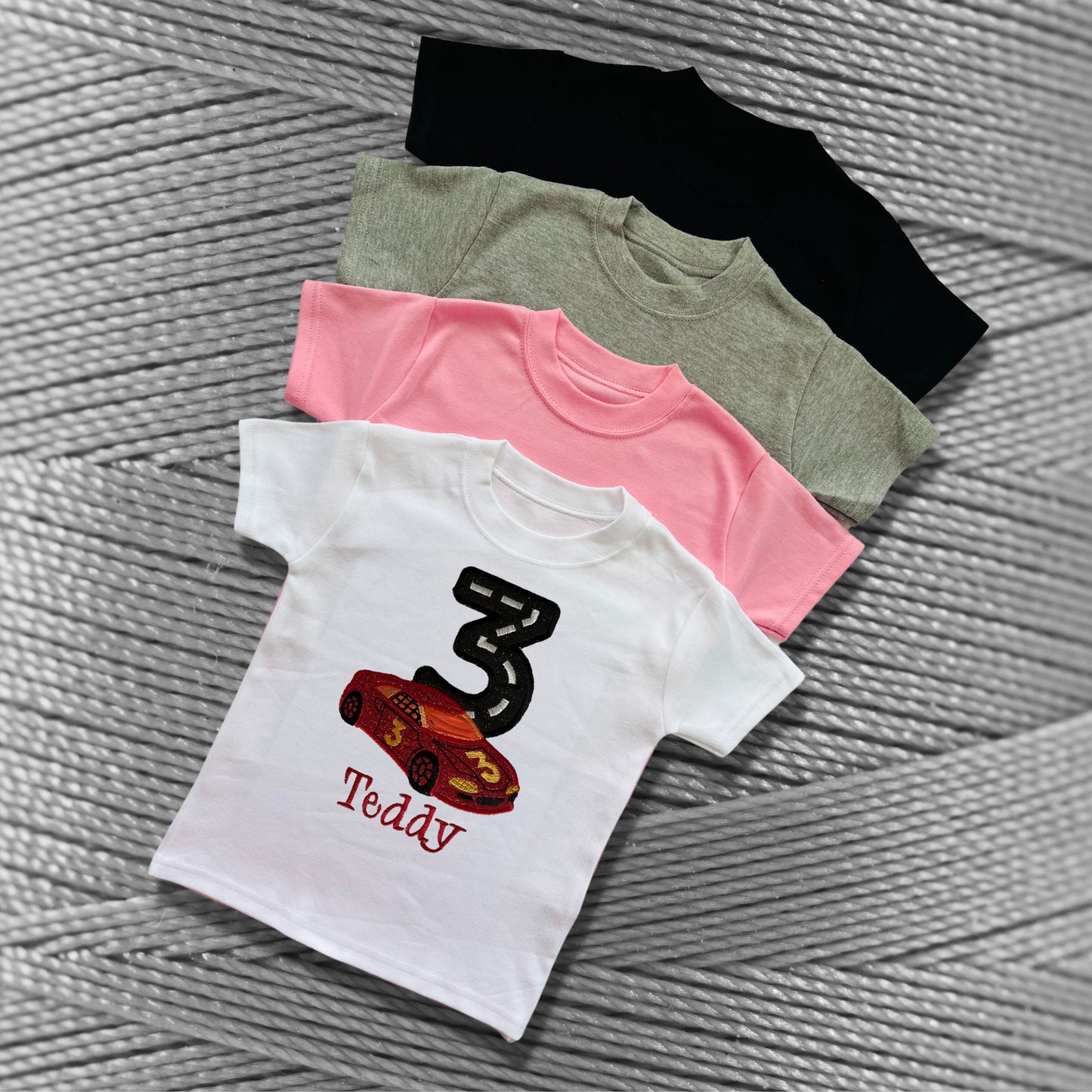 Personalised Embroidered Children's Birthday Top. Cute Applique Embroidered Red Racing Car Personalised with Age and Name. Perfect Gift.
