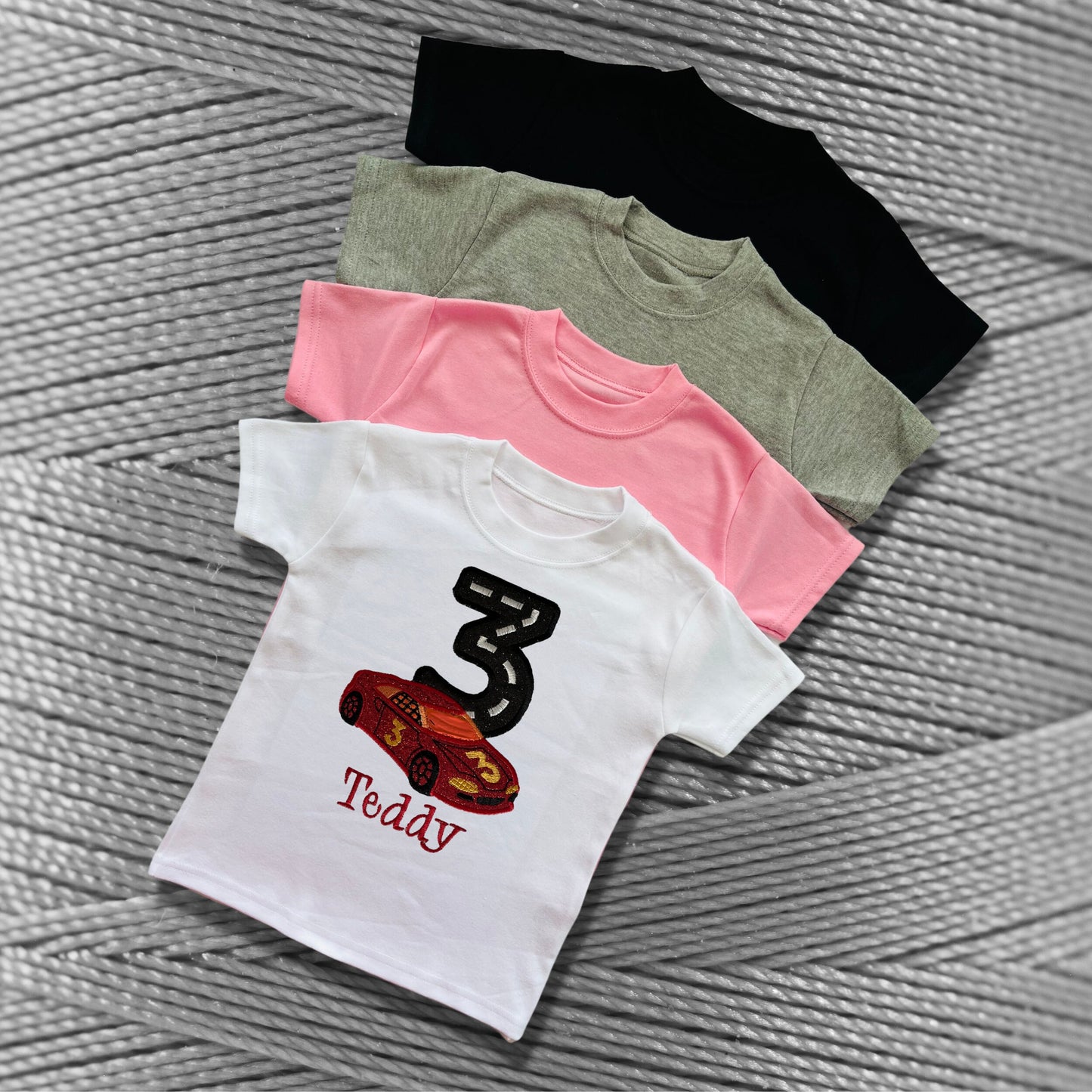 Personalised Embroidered Children's Birthday Top. Cute Applique Embroidered Race Car Personalised with Age and Name Perfect Birthday Outfit