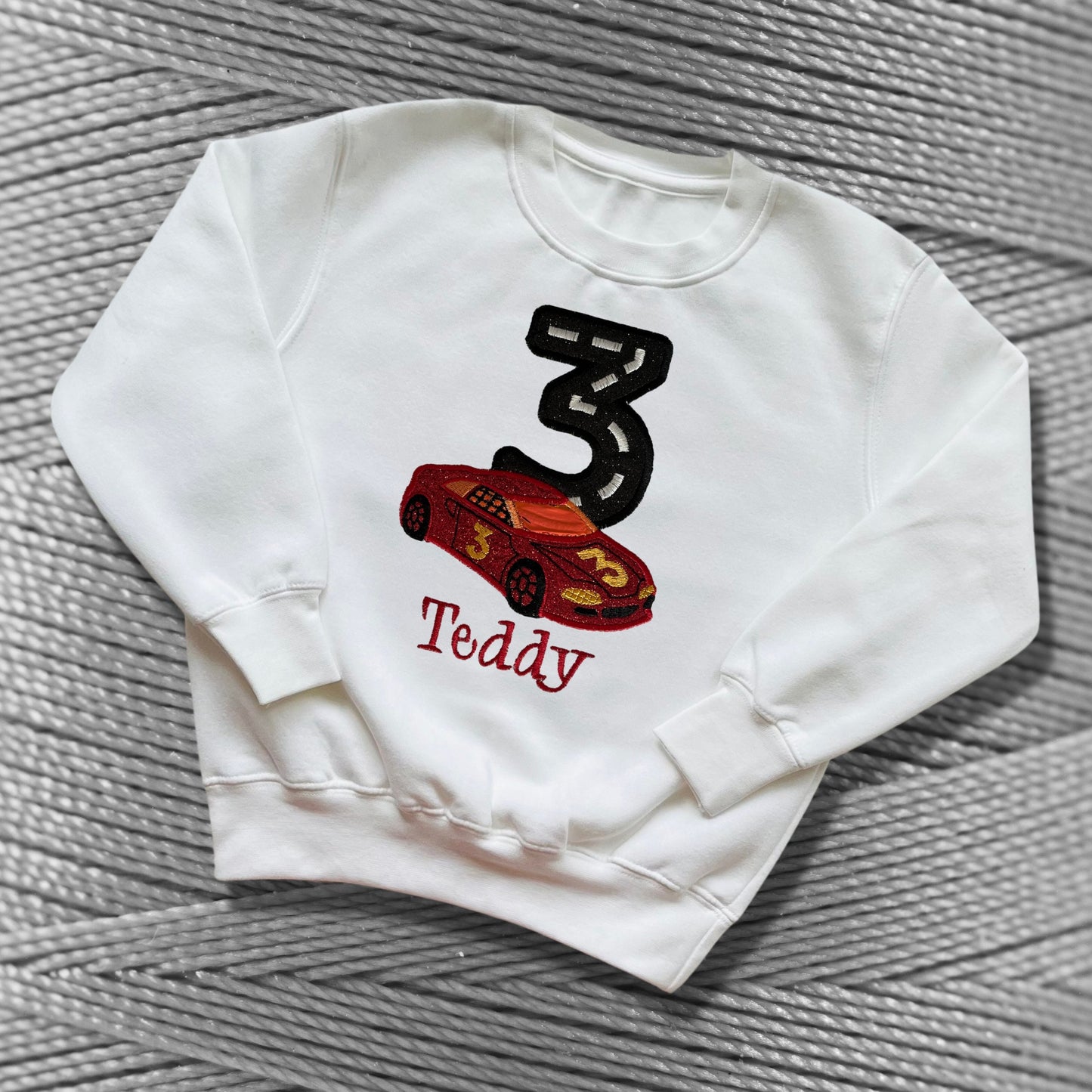 Personalised Embroidered Children's Birthday Top. Cute Applique Embroidered Red Racing Car Personalised with Age and Name. Perfect Gift.