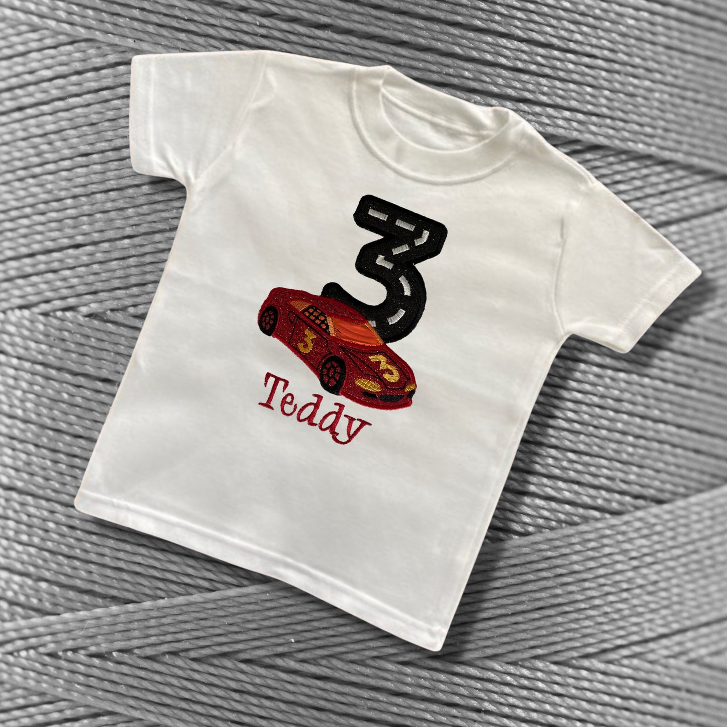 Personalised Embroidered Children's Birthday Top. Cute Applique Embroidered Red Racing Car Personalised with Age and Name. Perfect Gift.