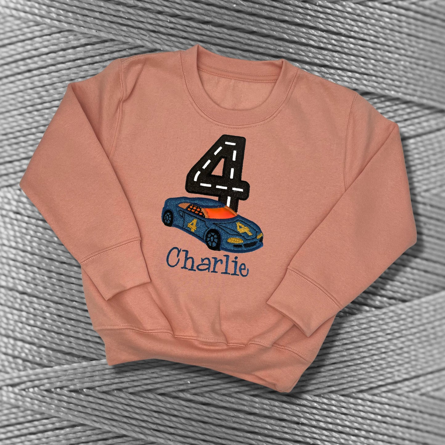 Personalised Embroidered Children's Birthday top: Racing Car Design