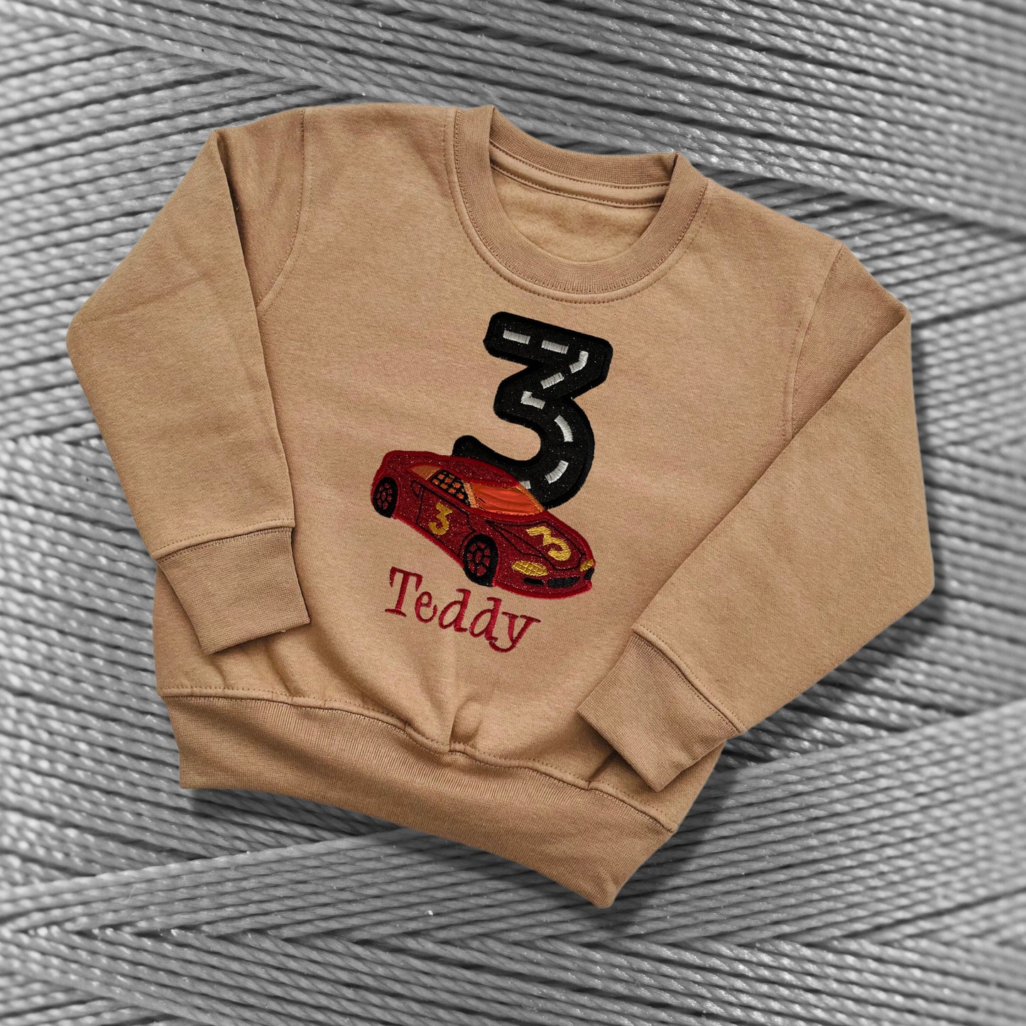 Personalised Embroidered Children's Birthday Top. Cute Applique Embroidered Red Racing Car Personalised with Age and Name. Perfect Gift.
