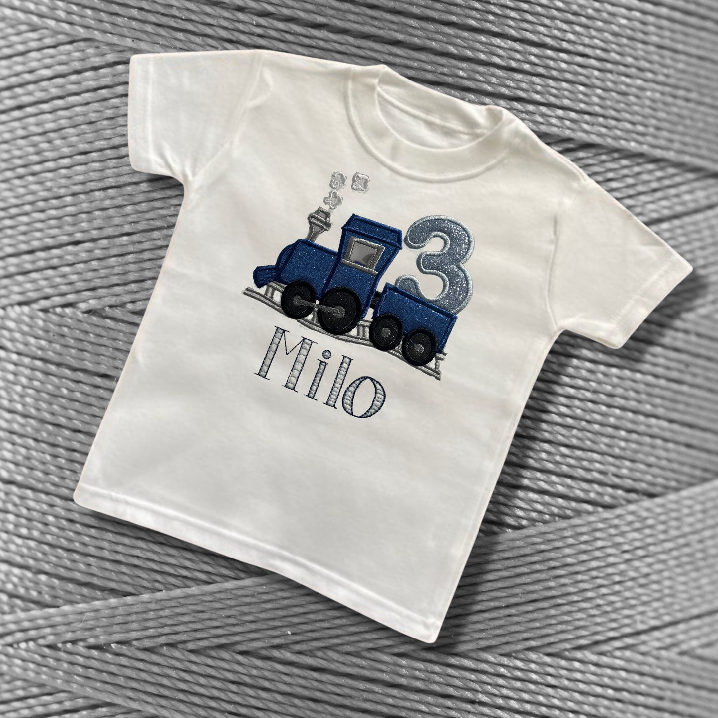 Personalised Embroidered Children's Birthday Top. Cute Applique Embroidered Train Personalised with Age and Name Perfect Birthday Outfit