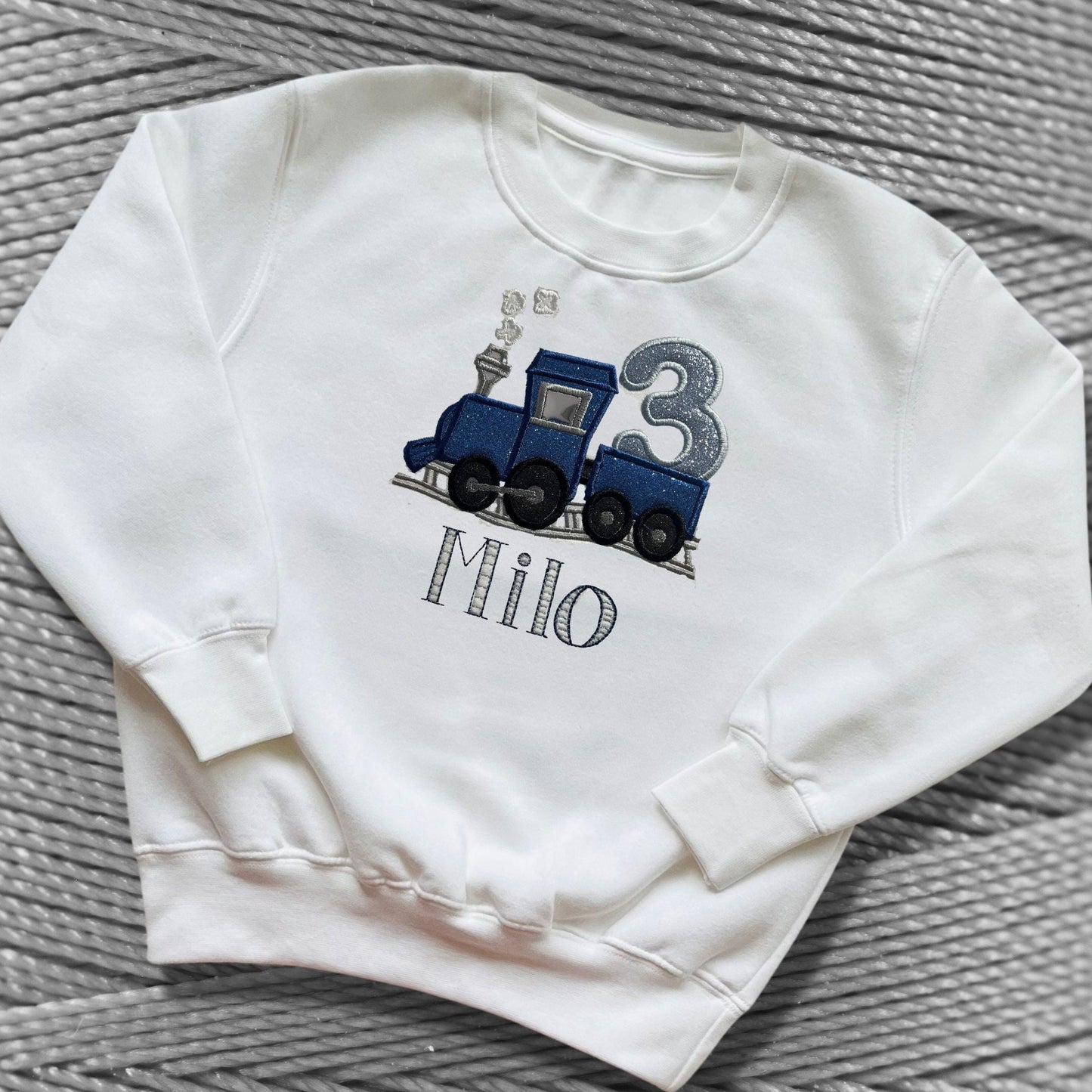 Personalised Embroidered Children's Birthday Top. Cute Applique Embroidered Train Personalised with Age and Name Perfect Birthday Outfit