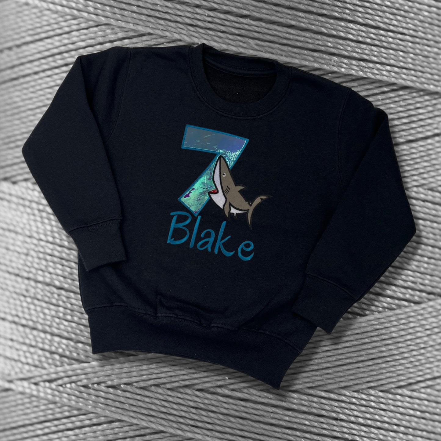 Personalised Embroidered Children's Birthday Top. Cute Applique Embroidered Shark Personalised with Age and Name Perfect Birthday Outfit