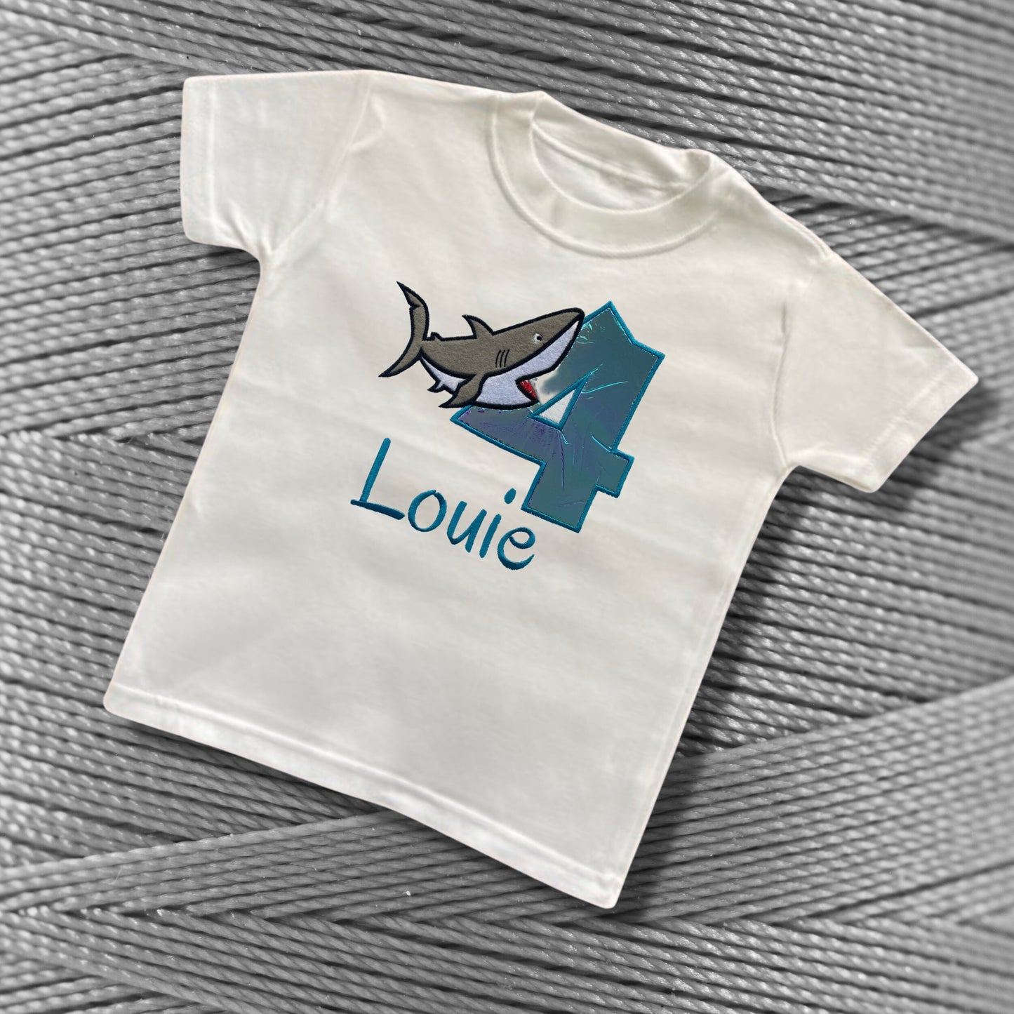 Personalised Embroidered Children's Birthday Top. Cute Applique Embroidered Shark Personalised with Age and Name Perfect Birthday Outfit