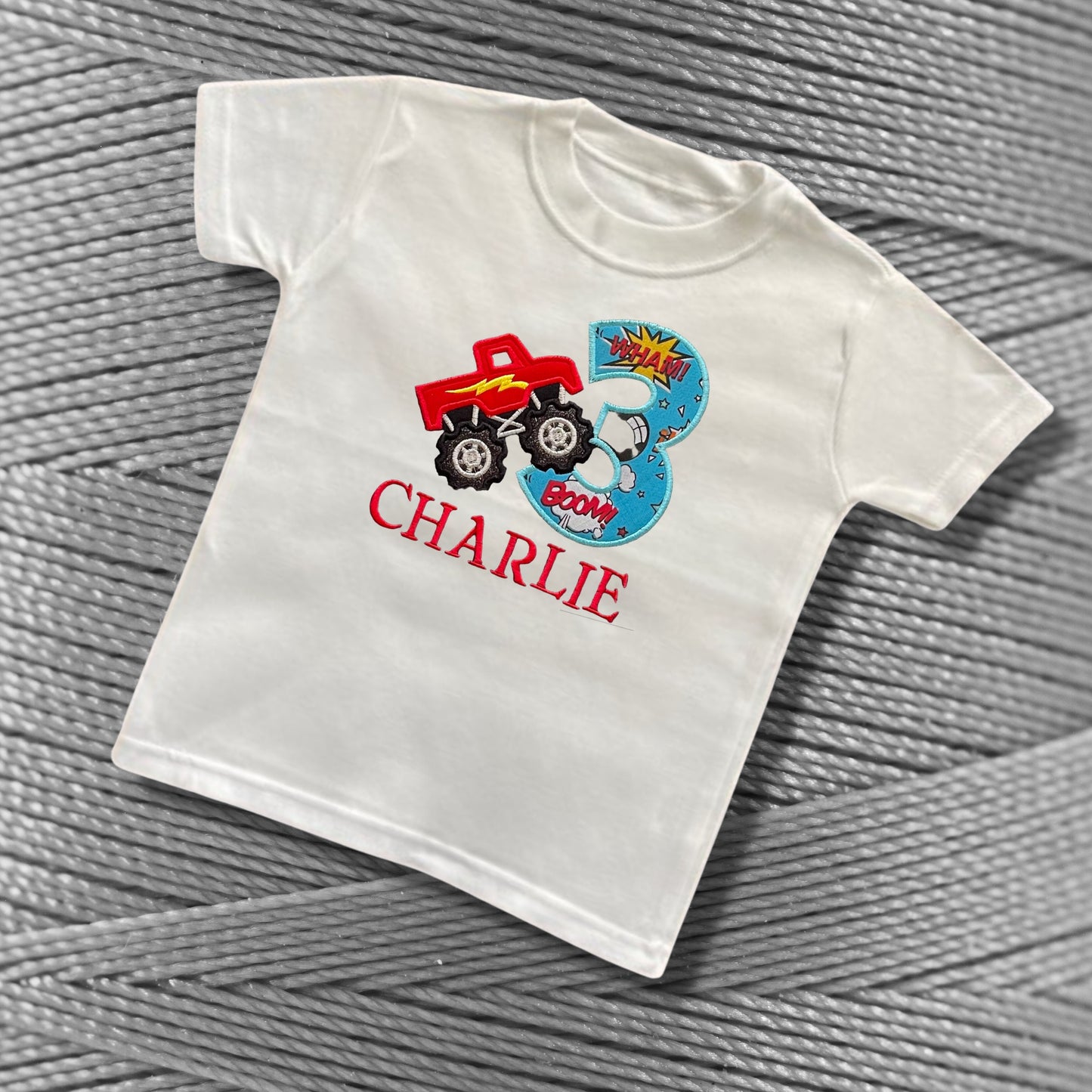 Personalised Embroidered Children's Birthday Top. Cute Monster Truck Design Personalised with Age and Name Perfect Birthday Outfit