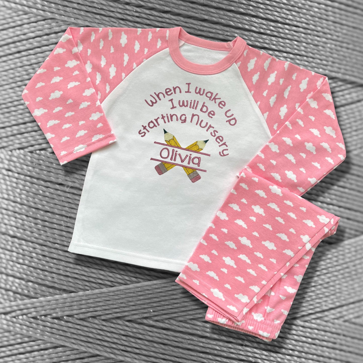 Childrens Personalised Embroidered Pyjamas Saying 'When I wake up I will be starting nursery'. Cute Pencil Design with Child's Name.
