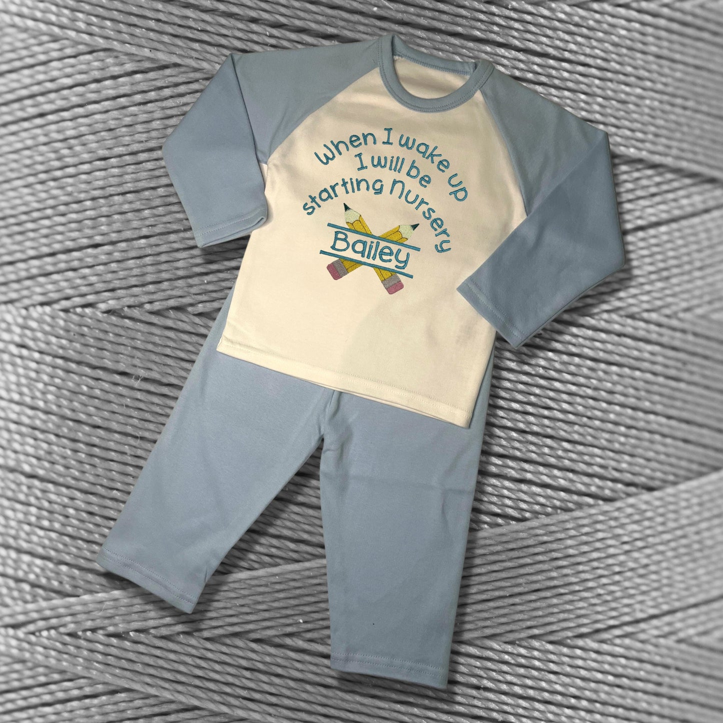 Childrens Personalised Embroidered Pyjamas Saying 'When I wake up I will be starting nursery'. Cute Pencil Design with Child's Name.