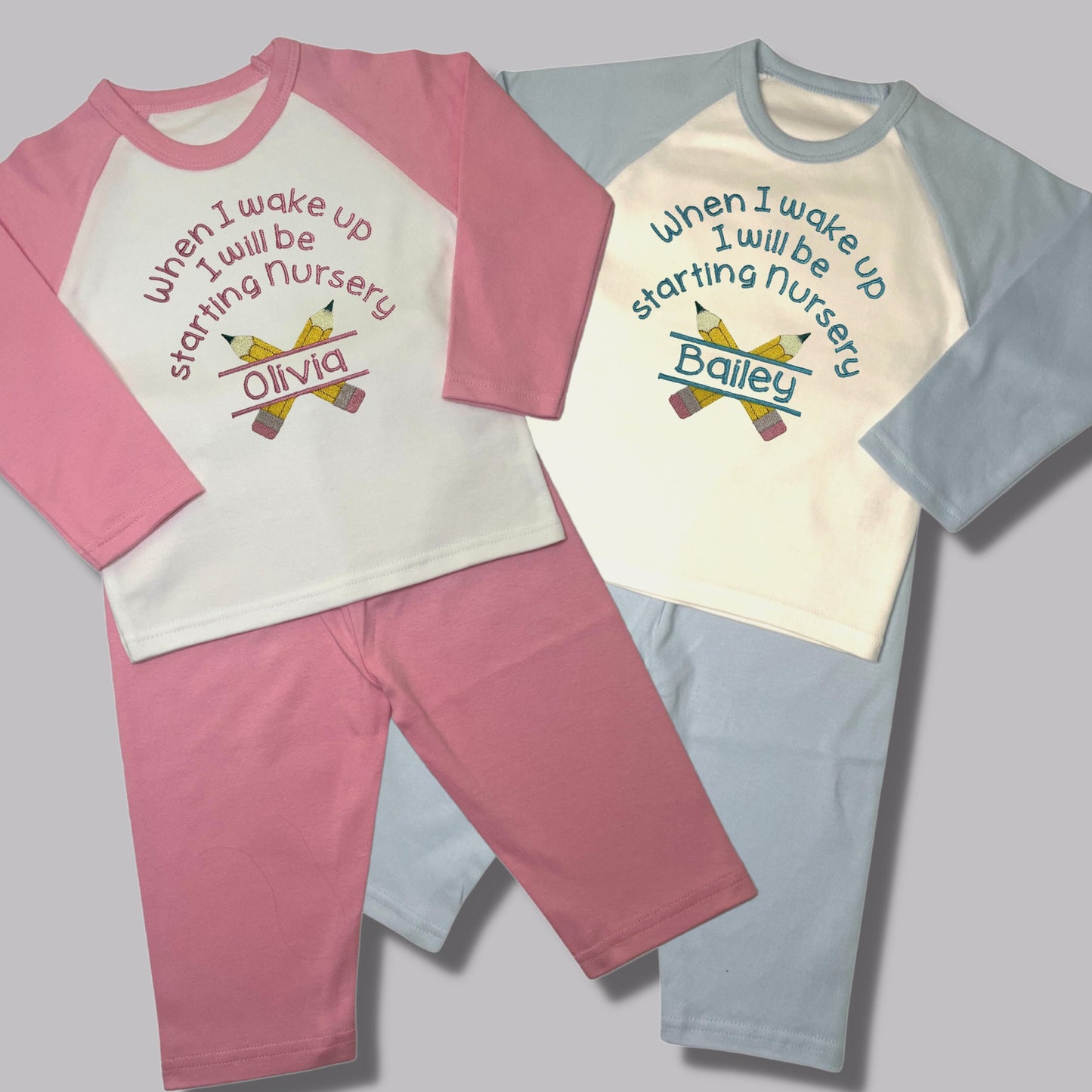 Childrens Personalised Embroidered Pyjamas Saying 'When I wake up I will be starting nursery'. Cute Pencil Design with Child's Name.