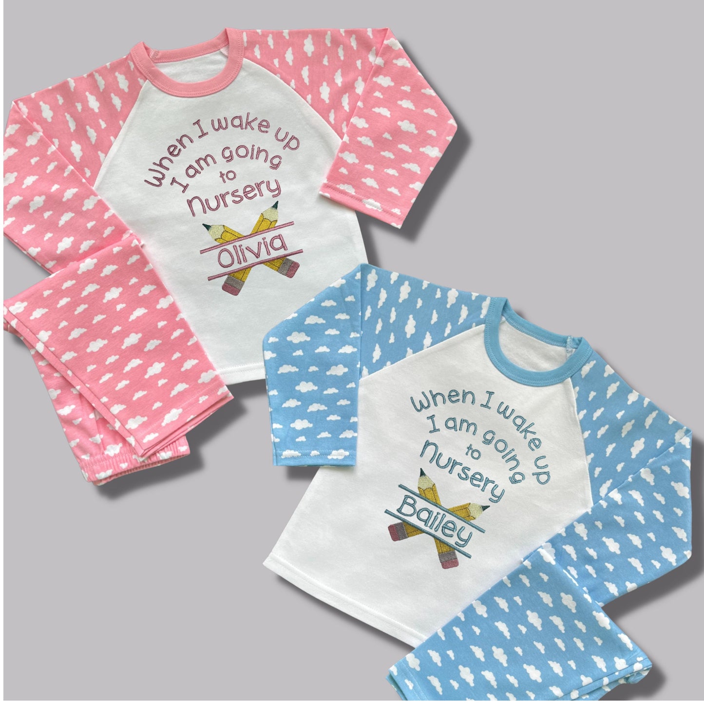 Childrens Personalised Embroidered Pyjamas Saying 'When I wake up I am going to Nursery'. Cute Pencil Design with Child's Name.