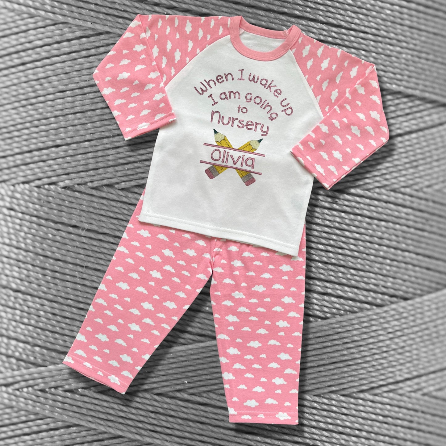 Childrens Personalised Embroidered Pyjamas Saying 'When I wake up I am going to Nursery'. Cute Pencil Design with Child's Name.