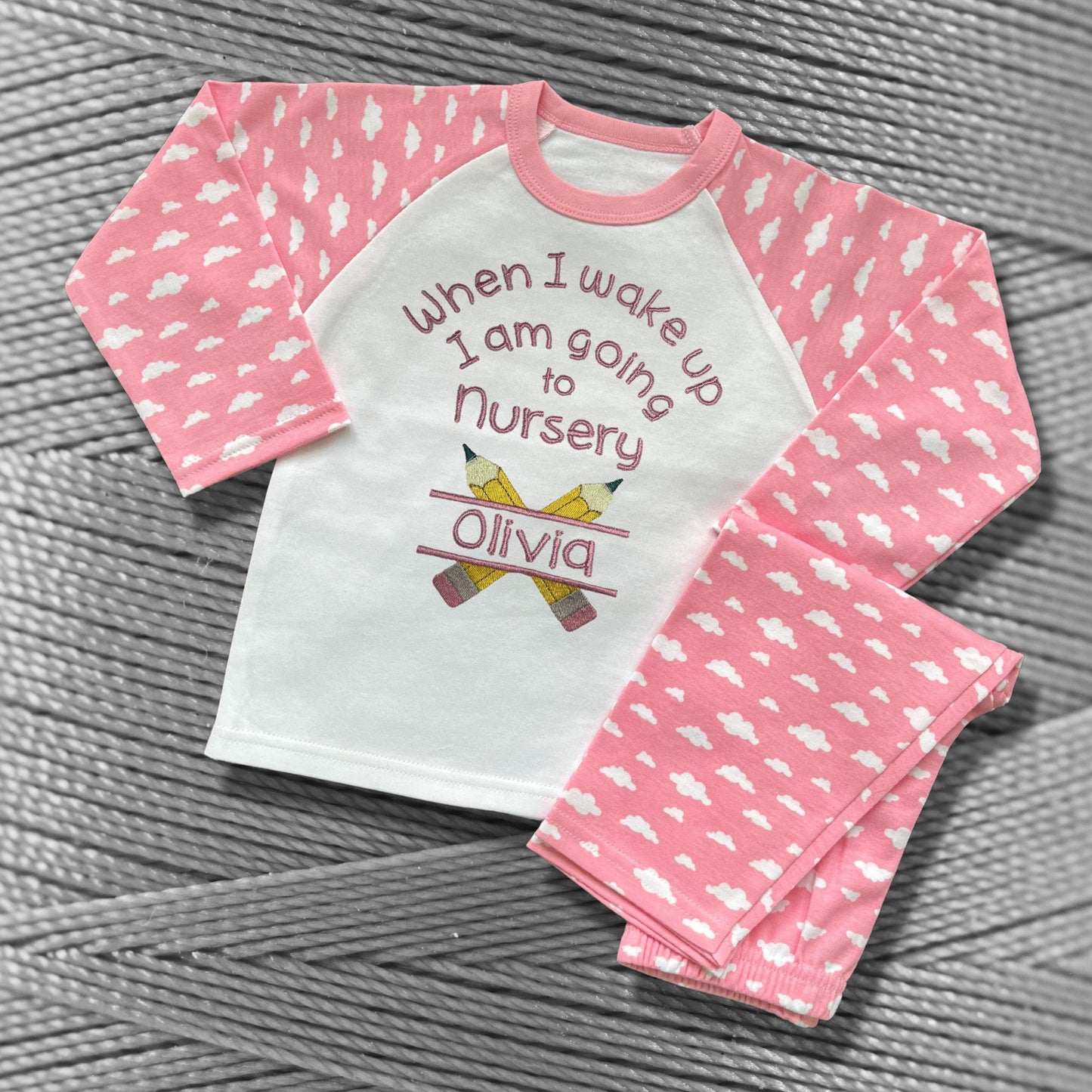 Childrens Personalised Embroidered Pyjamas Saying 'When I wake up I am going to Nursery'. Cute Pencil Design with Child's Name.