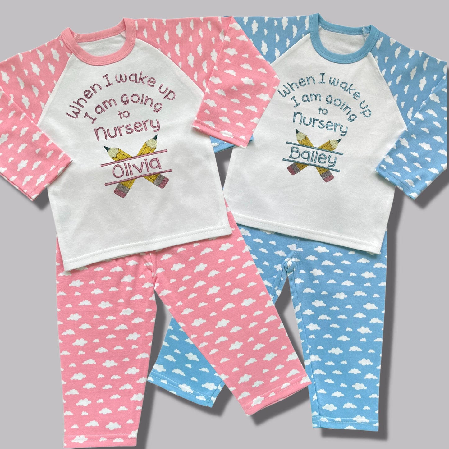 Childrens Personalised Embroidered Pyjamas Saying 'When I wake up I am going to Nursery'. Cute Pencil Design with Child's Name.