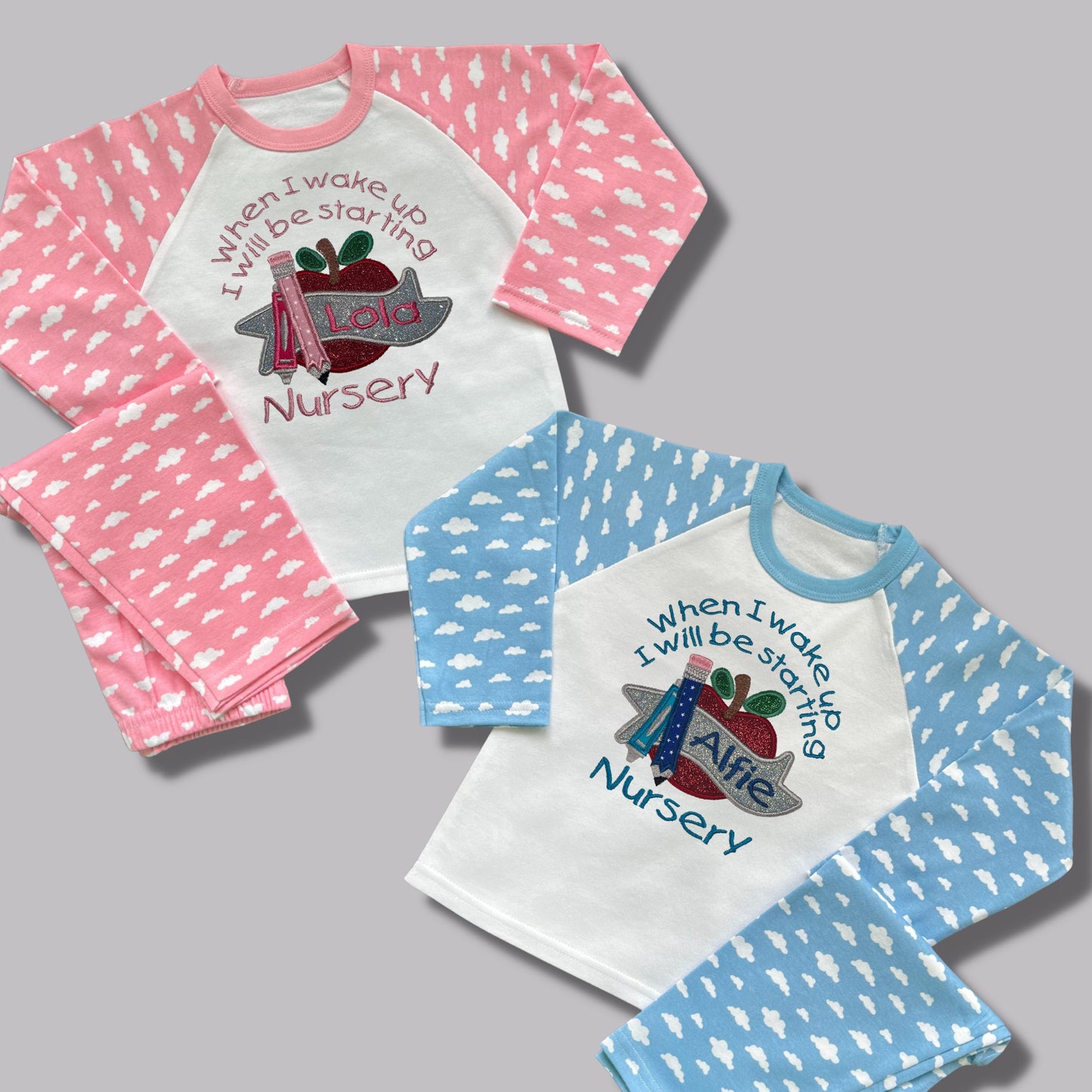 Childrens Personalised Embroidered Pyjamas Saying 'When I wake up I will be starting Nursery'. Cute Apple Design with Child's Name.