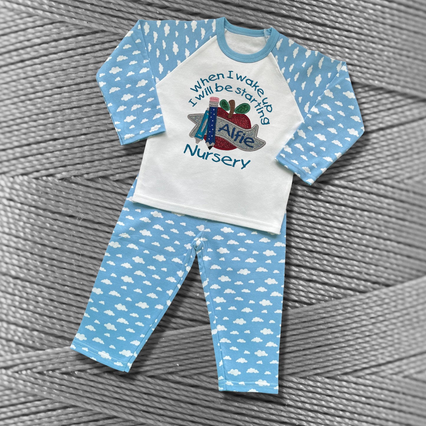 Childrens Personalised Embroidered Pyjamas Saying 'When I wake up I will be starting Nursery'. Cute Apple Design with Child's Name.