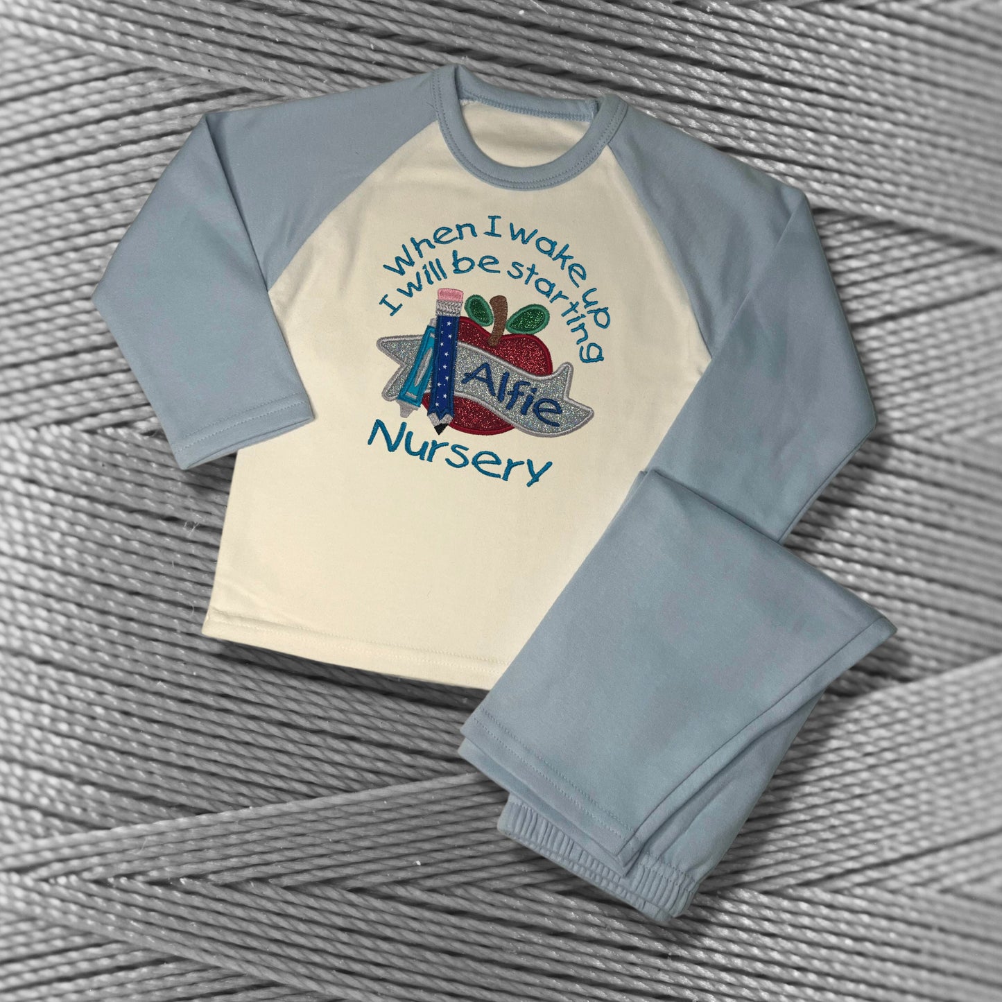 Childrens Personalised Embroidered Pyjamas Saying 'When I wake up I will be starting Nursery'. Cute Apple Design with Child's Name.