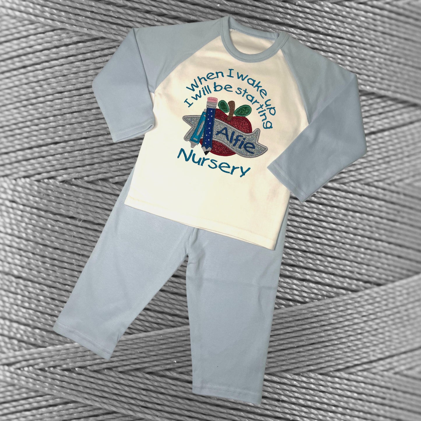 Childrens Personalised Embroidered Pyjamas Saying 'When I wake up I will be starting Nursery'. Cute Apple Design with Child's Name.