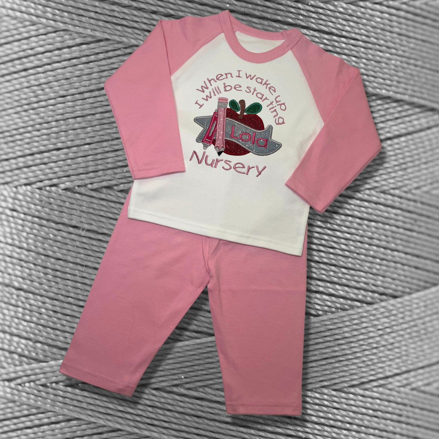 Childrens Personalised Embroidered Pyjamas Saying 'When I wake up I will be starting Nursery'. Cute Apple Design with Child's Name.