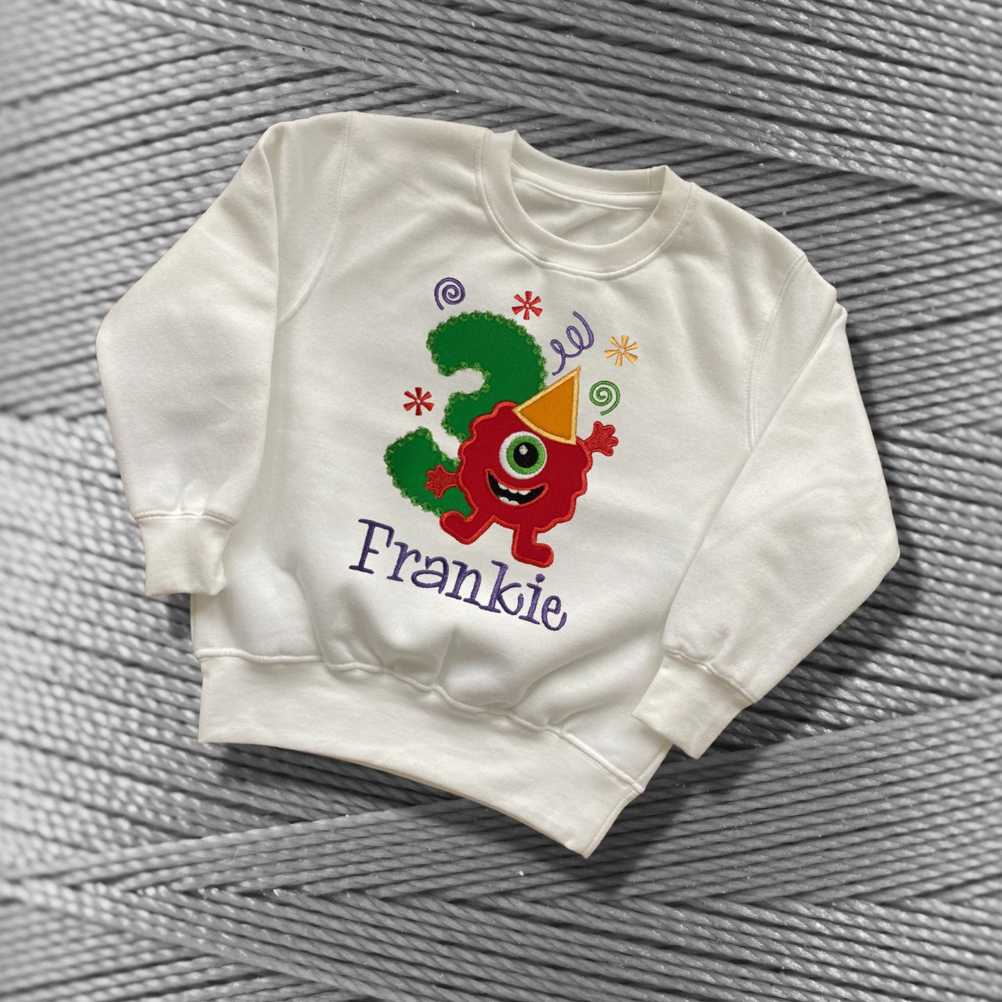 Personalised Embroidered Children's Birthday Top. Cute Applique Funny Monster Design with Child's Age & Name. Perfect Birthday Outfit