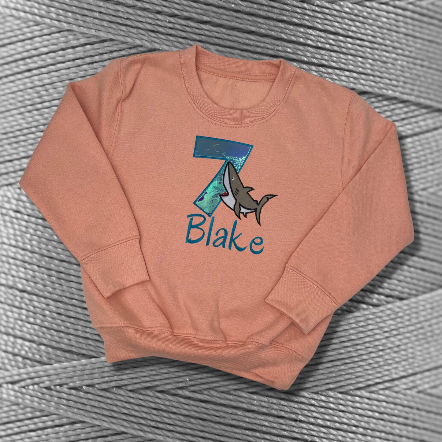 Personalised Embroidered Children's Birthday Top. Cute Applique Embroidered Shark Personalised with Age and Name Perfect Birthday Outfit