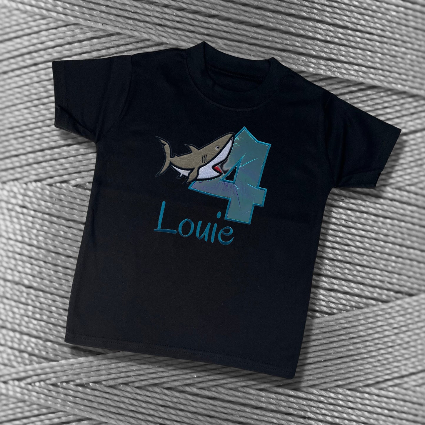 Personalised Embroidered Children's Birthday Top. Cute Applique Embroidered Shark Personalised with Age and Name Perfect Birthday Outfit