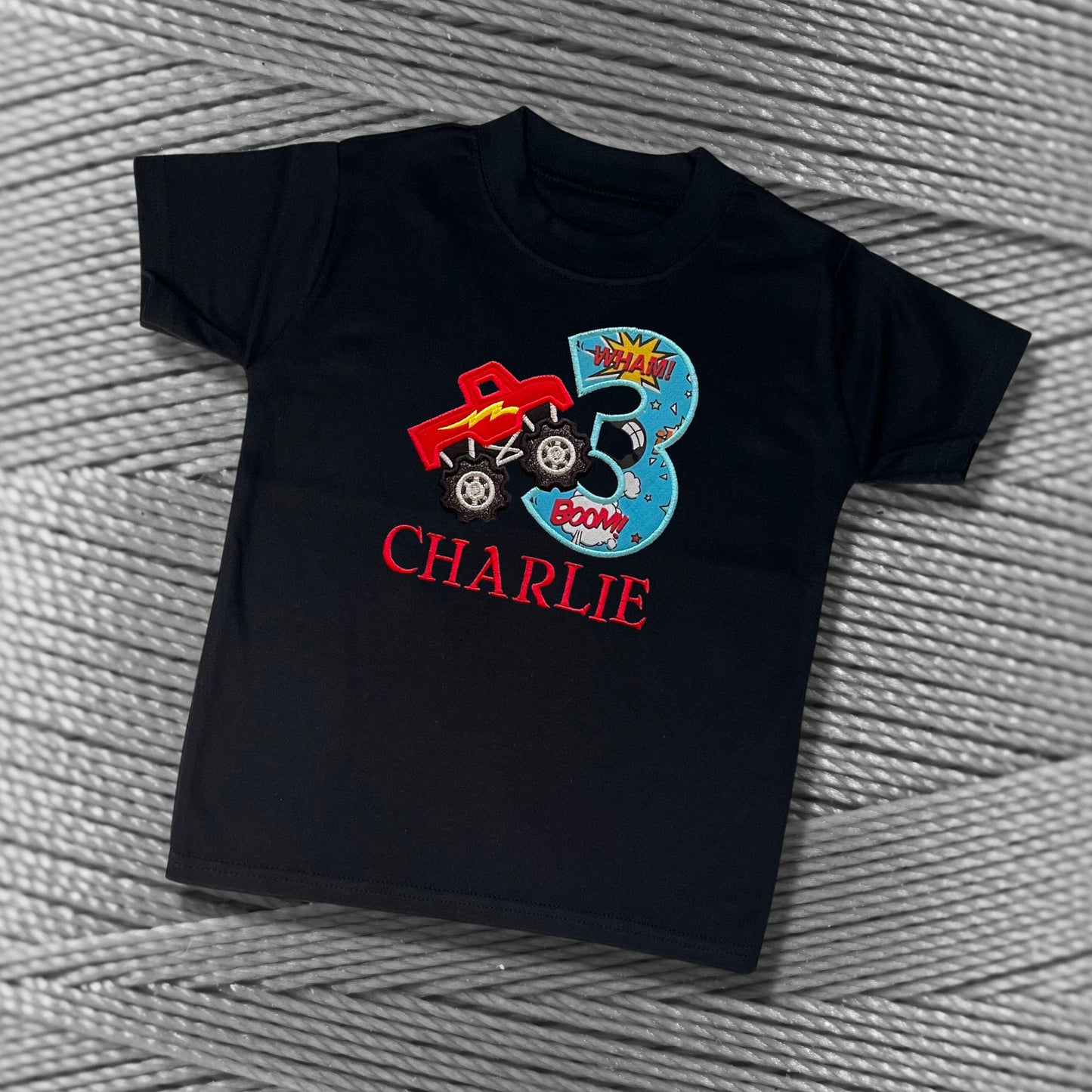 Personalised Embroidered Children's Birthday Top. Cute Monster Truck Design Personalised with Age and Name Perfect Birthday Outfit