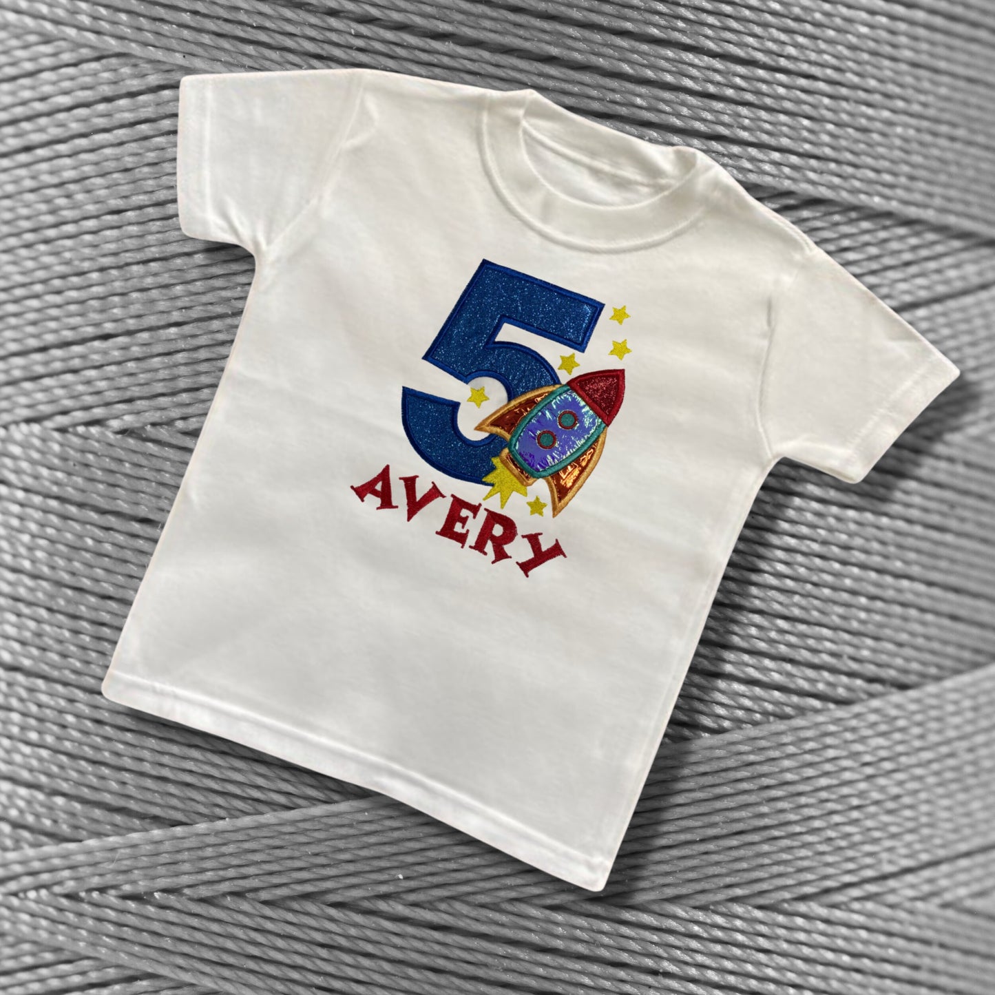 Personalised Embroidered Children's Birthday Top. Cute Applique Embroidered Rocket Personalised with Age and Name Perfect Birthday Outfit