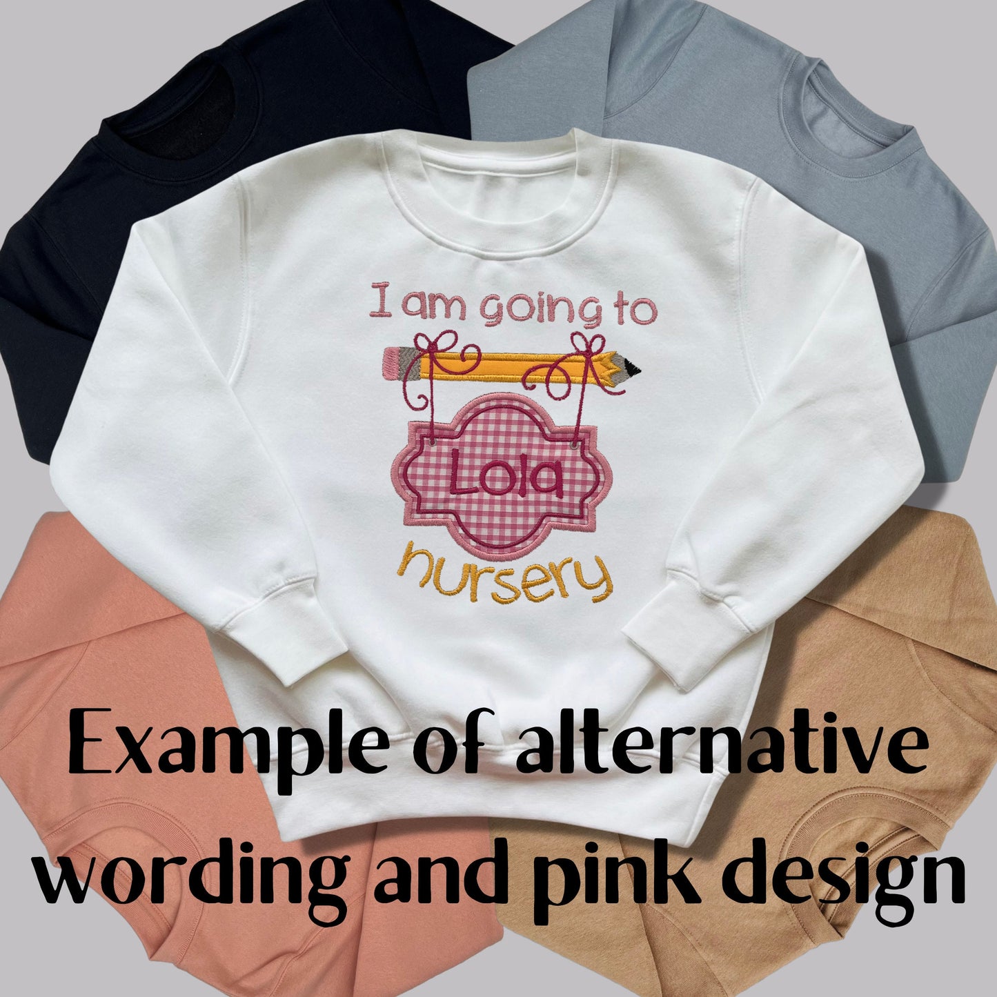 Personalised Embroidered 'My first day at nursery' Top's with Blue or Pink Gingham Design. Personalised with Child's Name. Choice of Garment