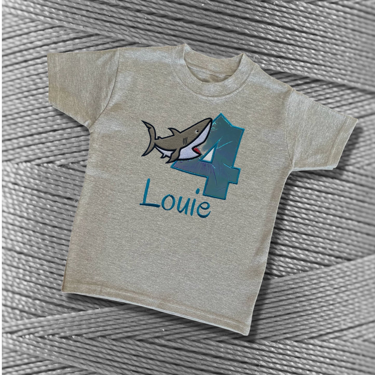 Personalised Embroidered Children's Birthday Top. Cute Applique Embroidered Shark Personalised with Age and Name Perfect Birthday Outfit