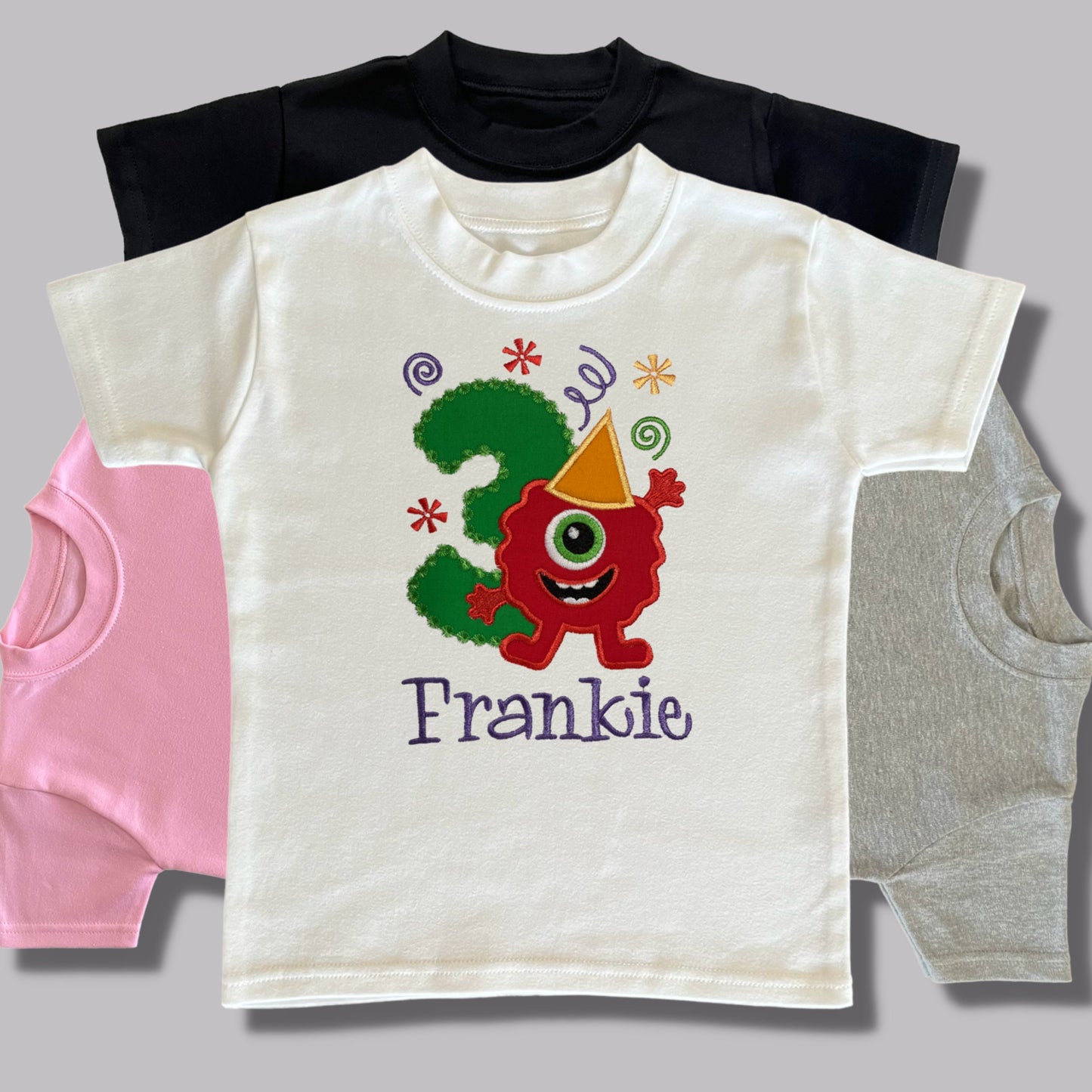 Personalised Embroidered Children's Birthday Top. Cute Applique Funny Monster Design with Child's Age & Name. Perfect Birthday Outfit