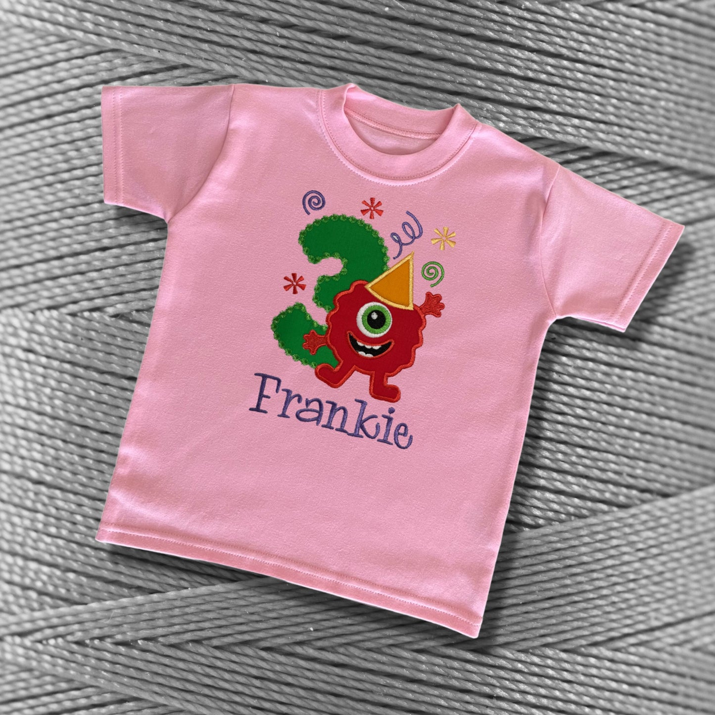 Personalised Embroidered Children's Birthday Top. Cute Applique Funny Monster Design with Child's Age & Name. Perfect Birthday Outfit
